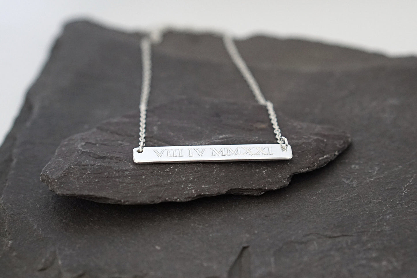 Personalised Roman Numerals Engraved Sterling Silver Bar Necklace