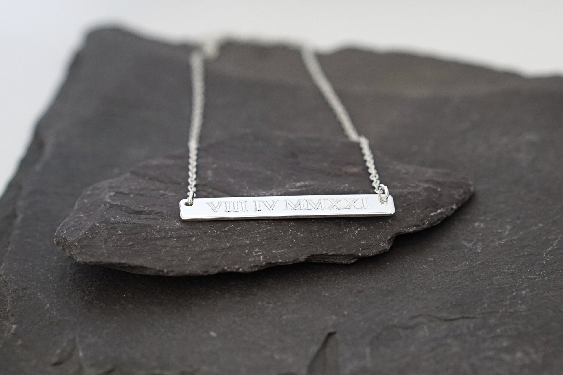 Personalised Roman Numerals Engraved Sterling Silver Bar Necklace