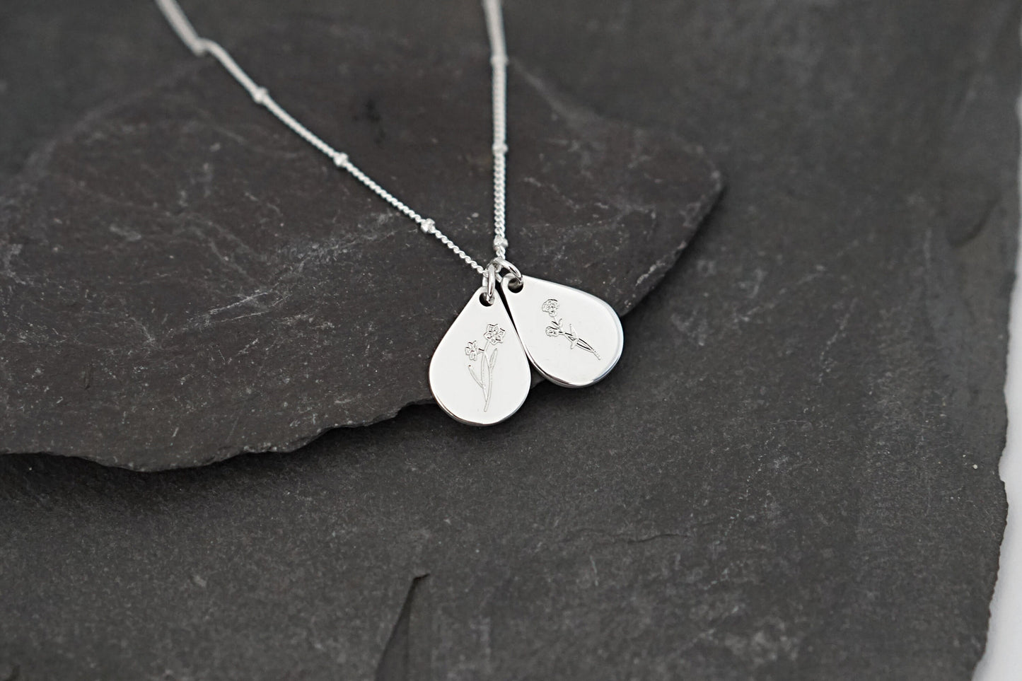 Personalised Teardrop Birth Flower Sterling Silver Necklace ~ engraved, birthday, gift for her, name, november, december