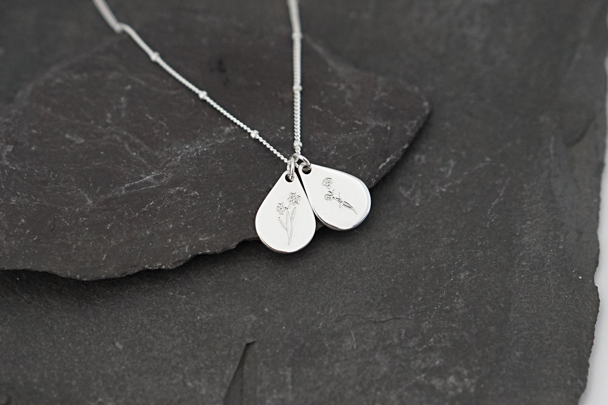 Personalised Teardrop Birth Flower Sterling Silver Necklace ~ engraved, birthday, gift for her, name, november, december