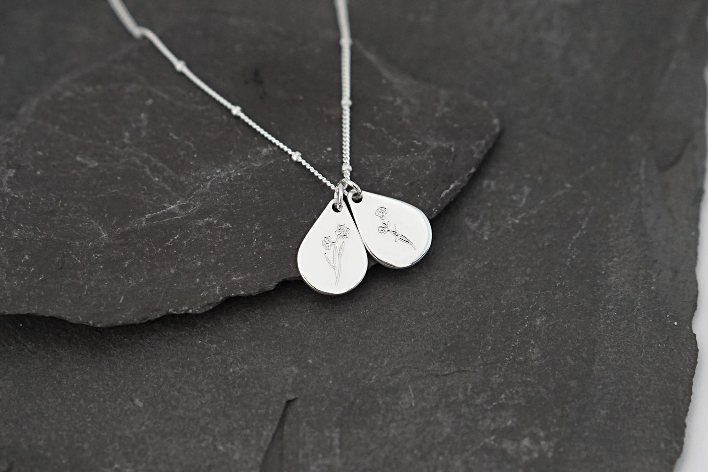 Personalised Teardrop Birth Flower Sterling Silver Necklace
