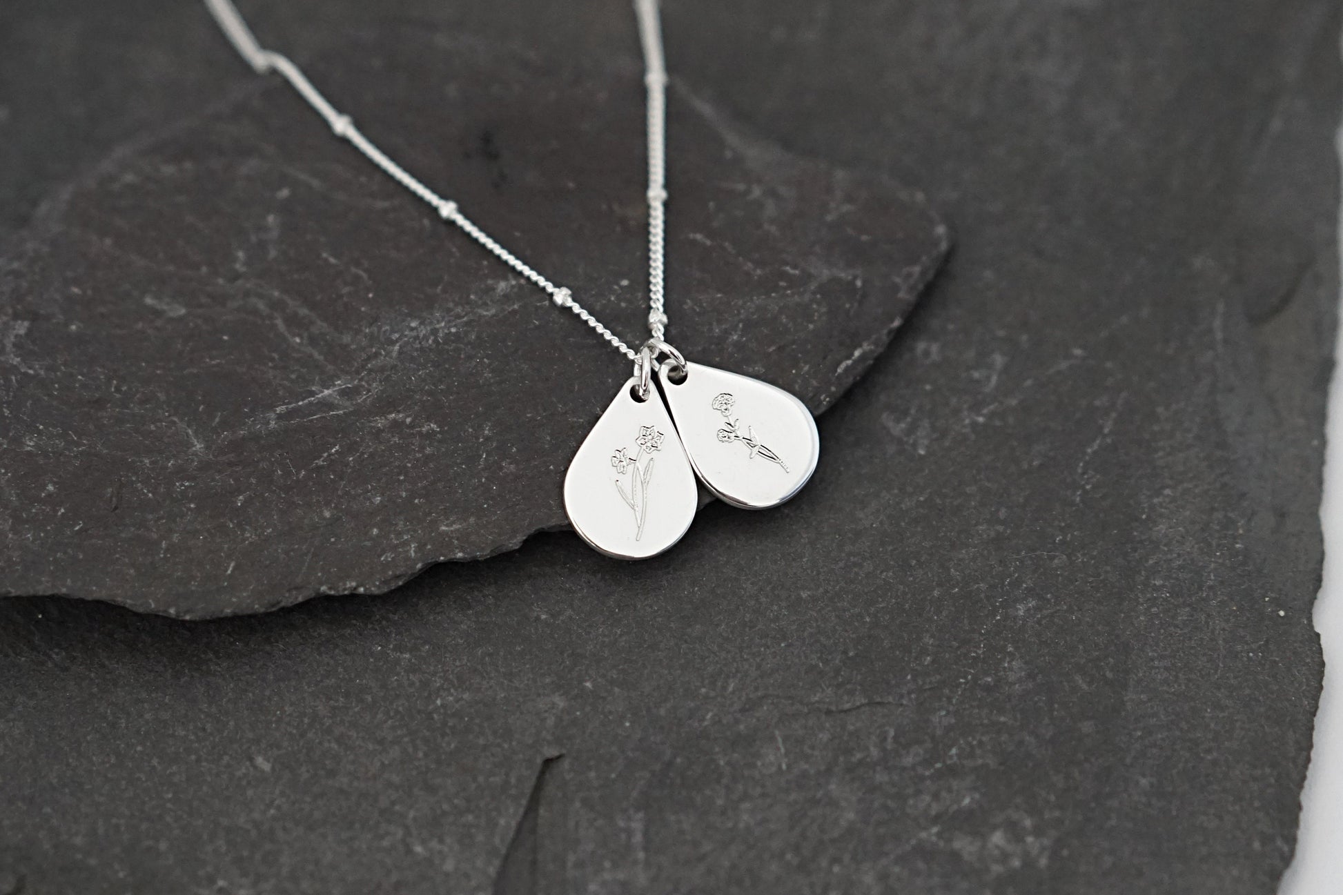 Personalised Teardrop Birth Flower Sterling Silver Necklace