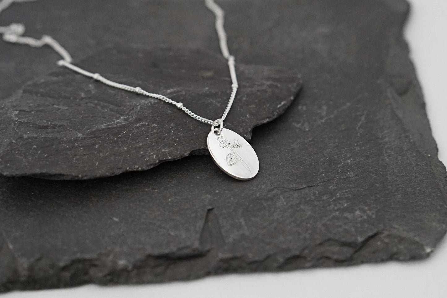 Personalised Oval Birth Flower Sterling Silver Necklace ~ engraved, birthday, gift for her, name, november, december, christmas