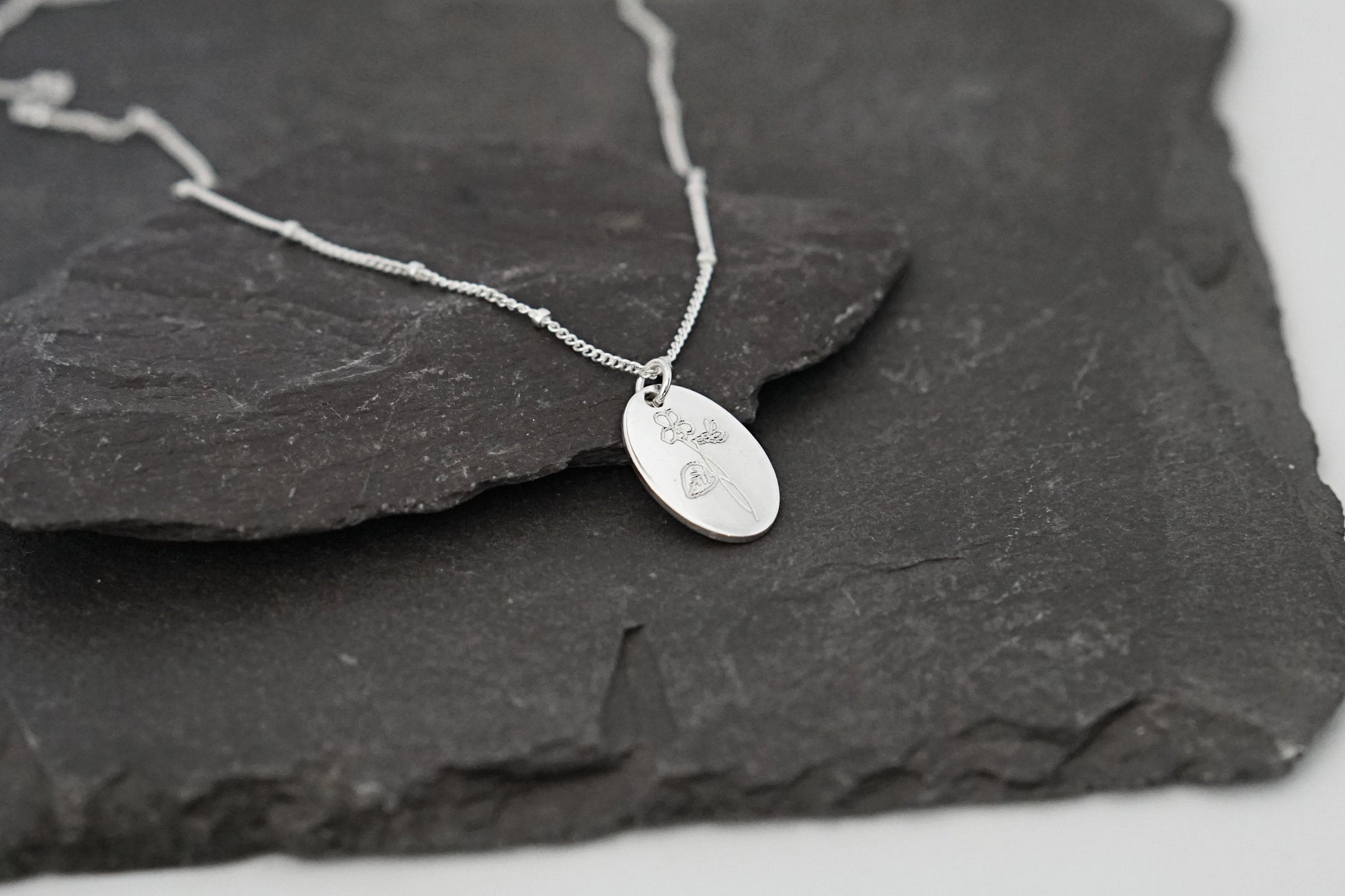 Personalised Oval Birth Flower Sterling Silver Necklace ~ engraved, birthday, gift for her, name, november, december, christmas