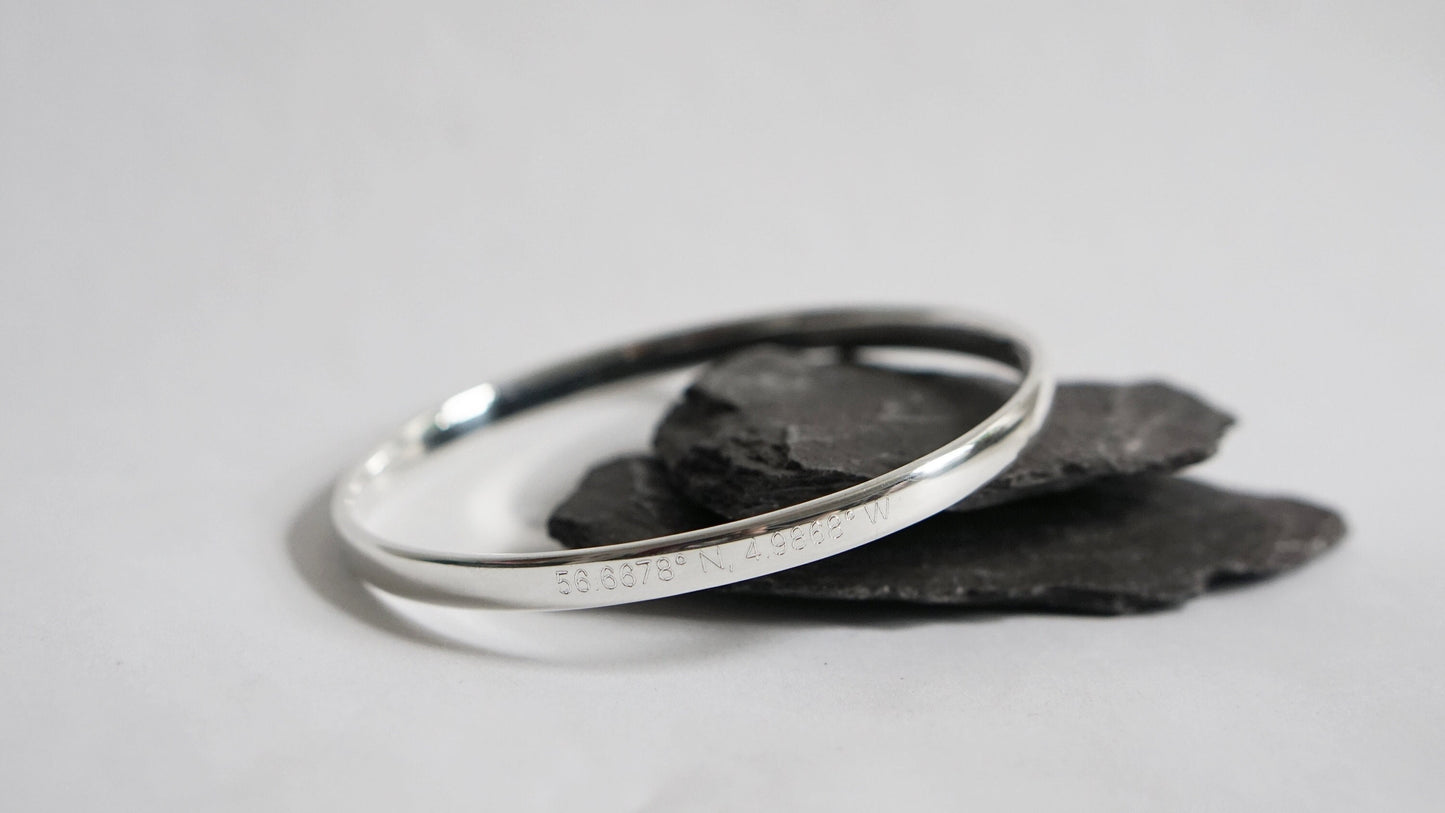 Personalised Sterling Silver Engraved Bangle ~ initials, name, graduation, date, coordinates, gift for her, recycled