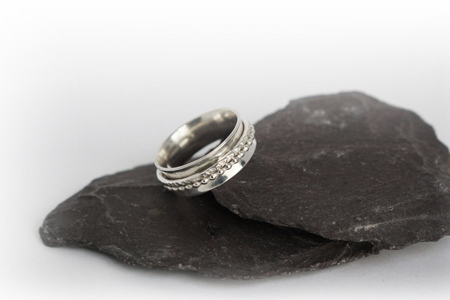 Fidget Ring Wide Hammered & Beaded Sterling Silver