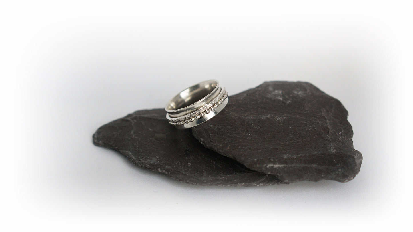 Fidget Ring Wide Hammered & Beaded Sterling Silver