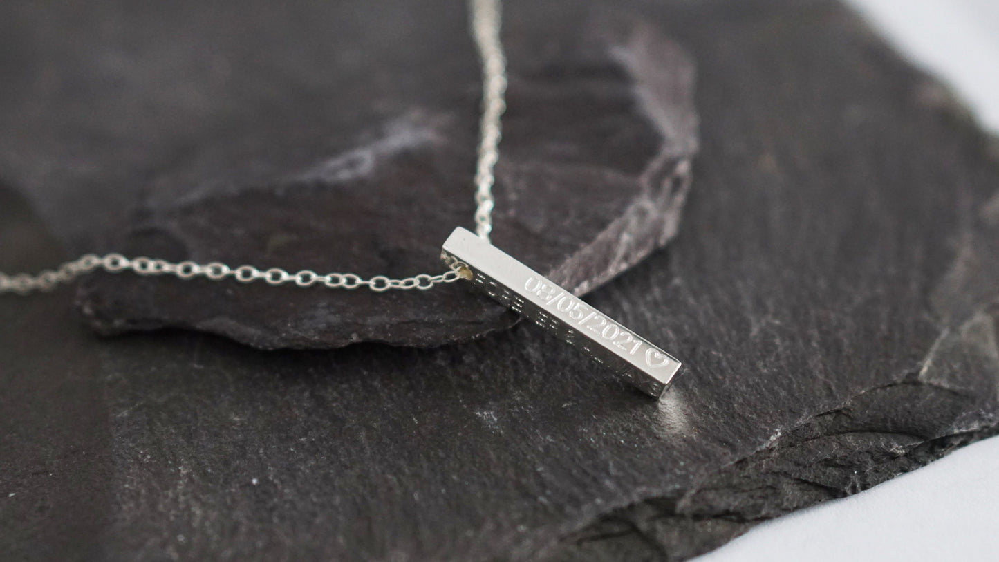 Sterling Silver Solid Bar Engraved Personalised Necklace