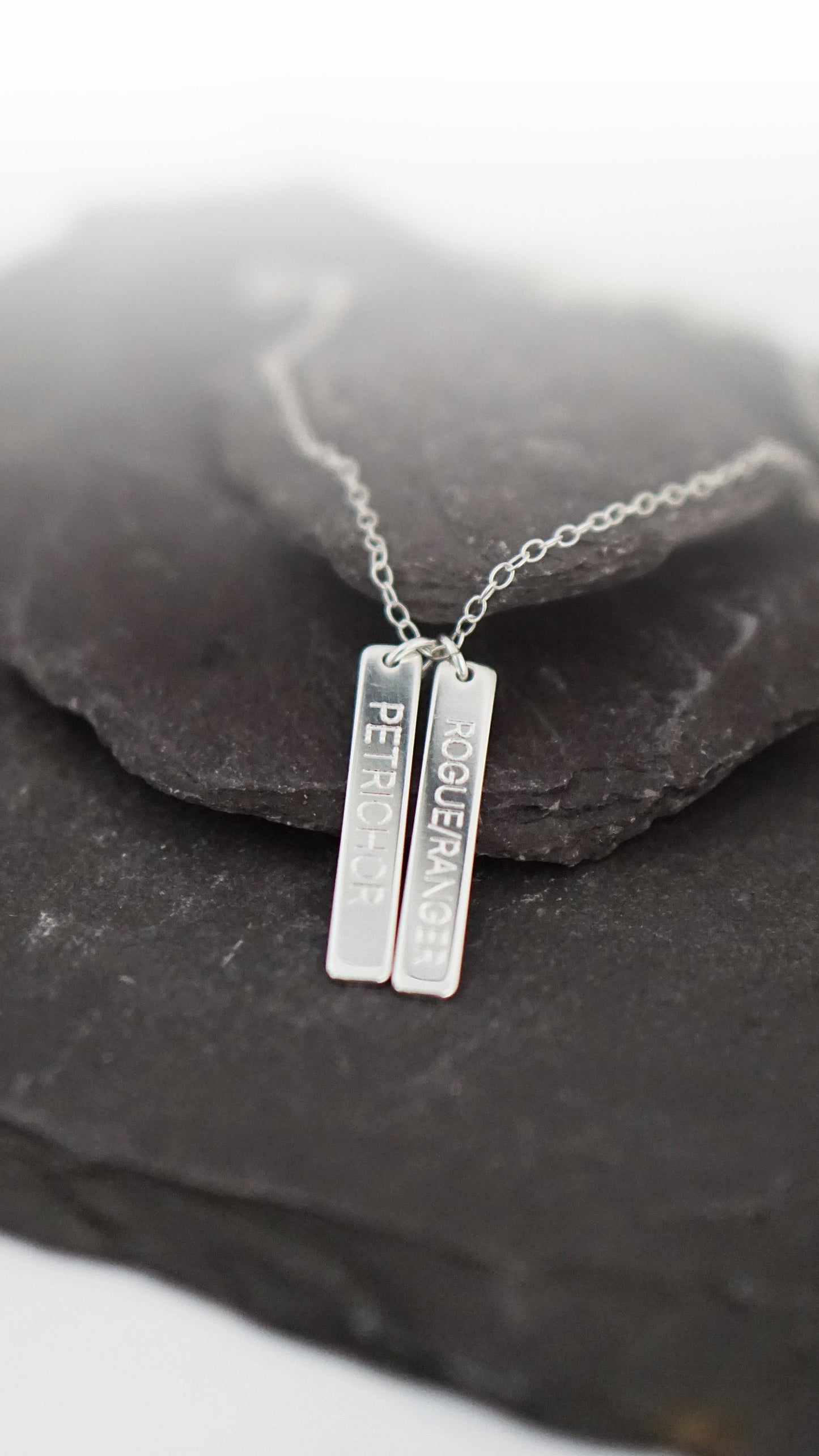 Character Class Sterling Silver Tags Necklace ~ gaming, tabletop, boardgame, dnd, d&d, ttrpg, rogue, wizard, cleric, sorcerer, bard, druid