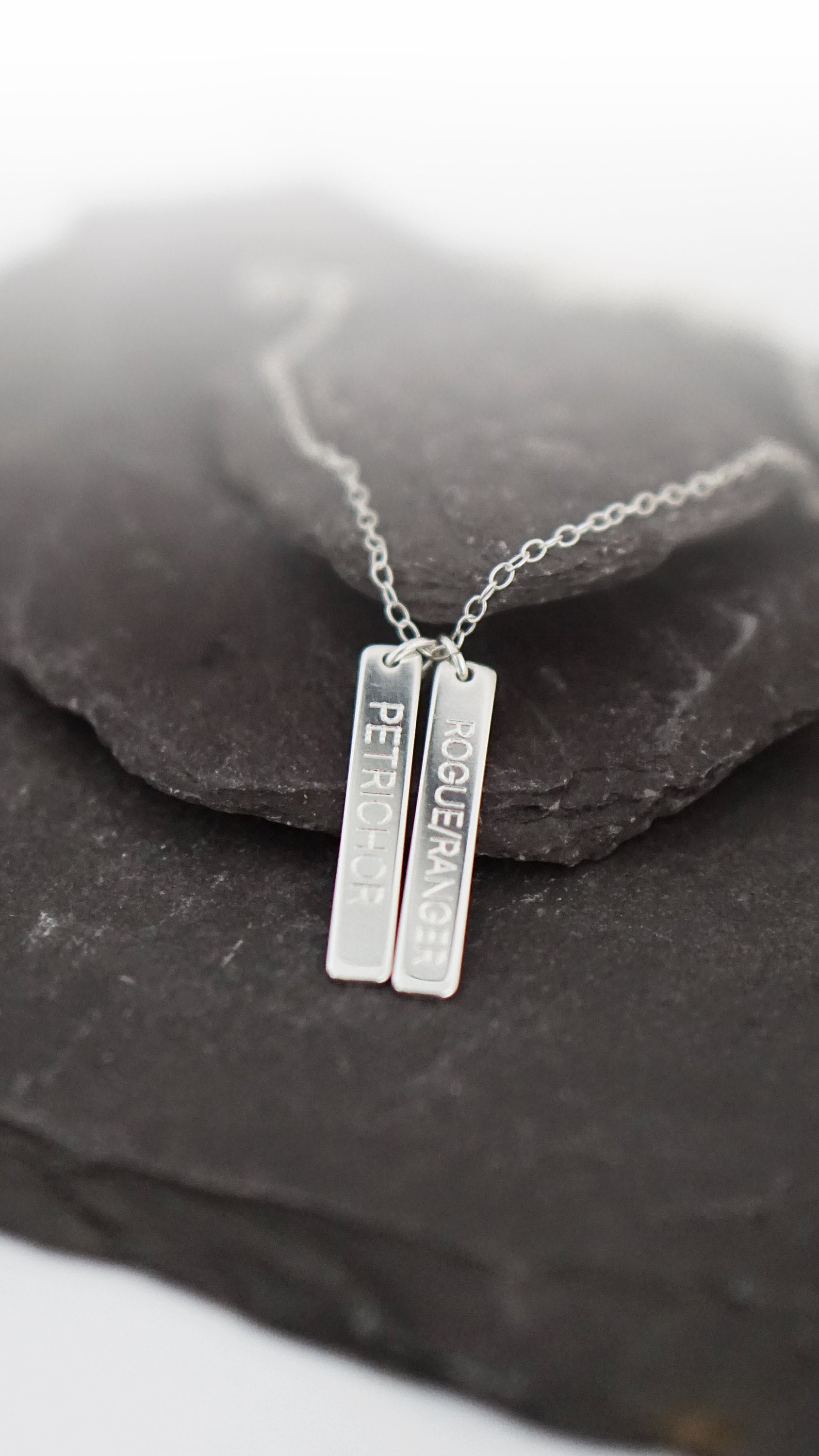 Character Class Sterling Silver Tags Necklace ~ gaming, tabletop, boardgame, dnd, d&d, ttrpg, rogue, wizard, cleric, sorcerer, bard, druid