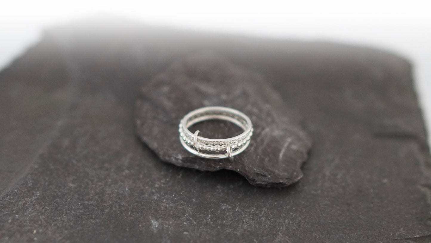 Triple Multi Layer Links Sterling Silver Ring ~ stacking ring, recycled silver, textured, stackable, stardust, beaded