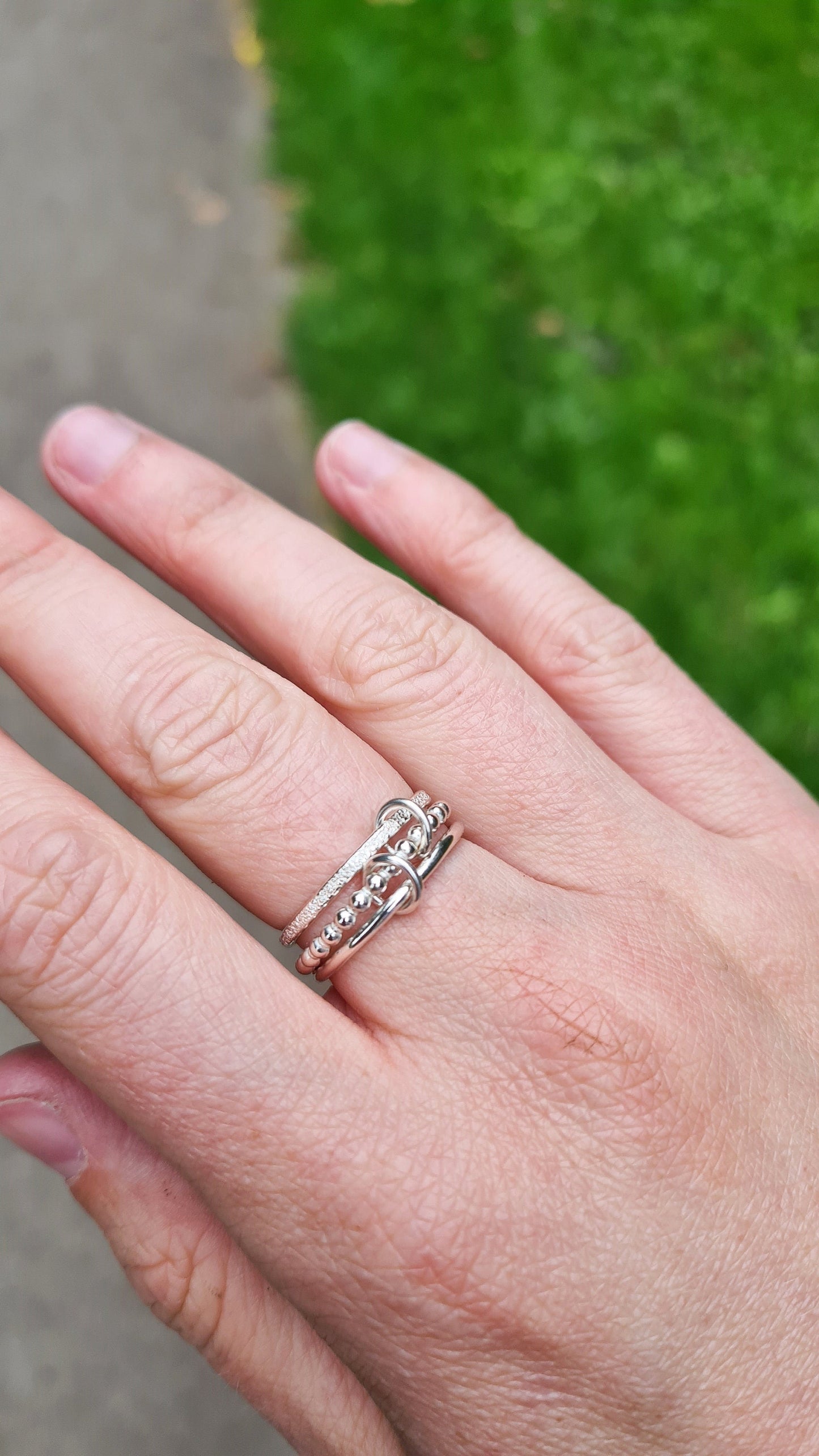 Triple Multi Layer Links Sterling Silver Ring ~ stacking ring, recycled silver, textured, stackable, stardust, beaded