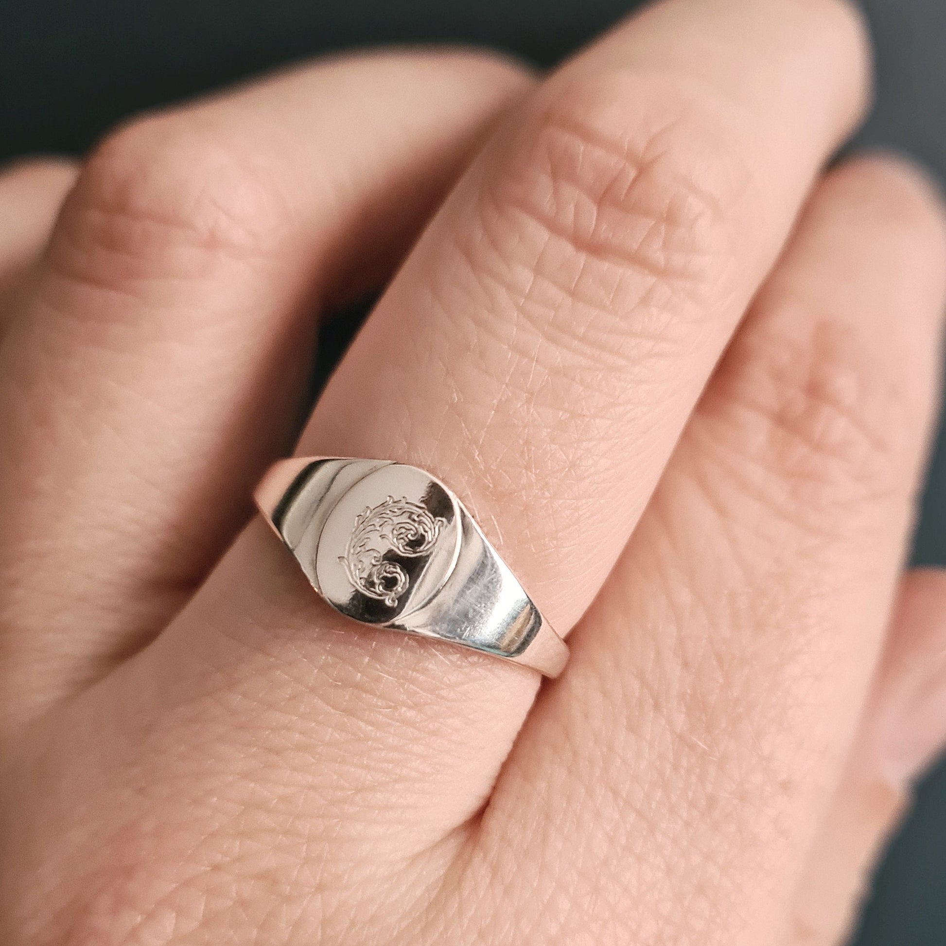 Leafy Oval Signet Sterling Silver Personalised Ring ~ engraved, initials, gift, wedding, name, monogram