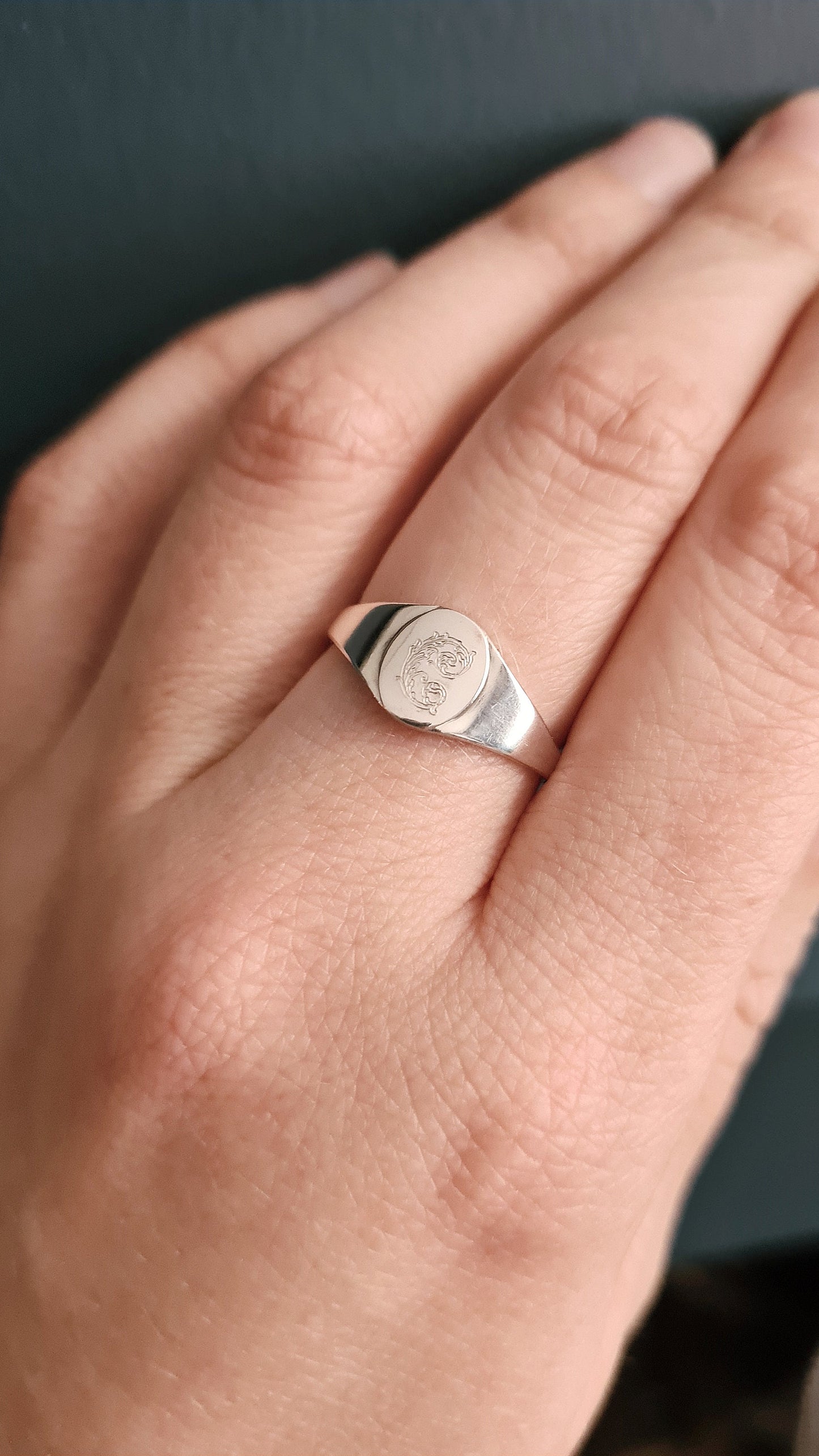 Leafy Oval Signet Sterling Silver Personalised Ring ~ engraved, initials, gift, wedding, name, monogram