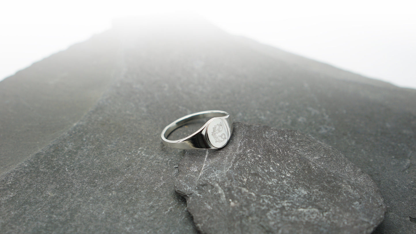 Leafy Oval Signet Sterling Silver Personalised Ring ~ engraved, initials, gift, wedding, name, monogram