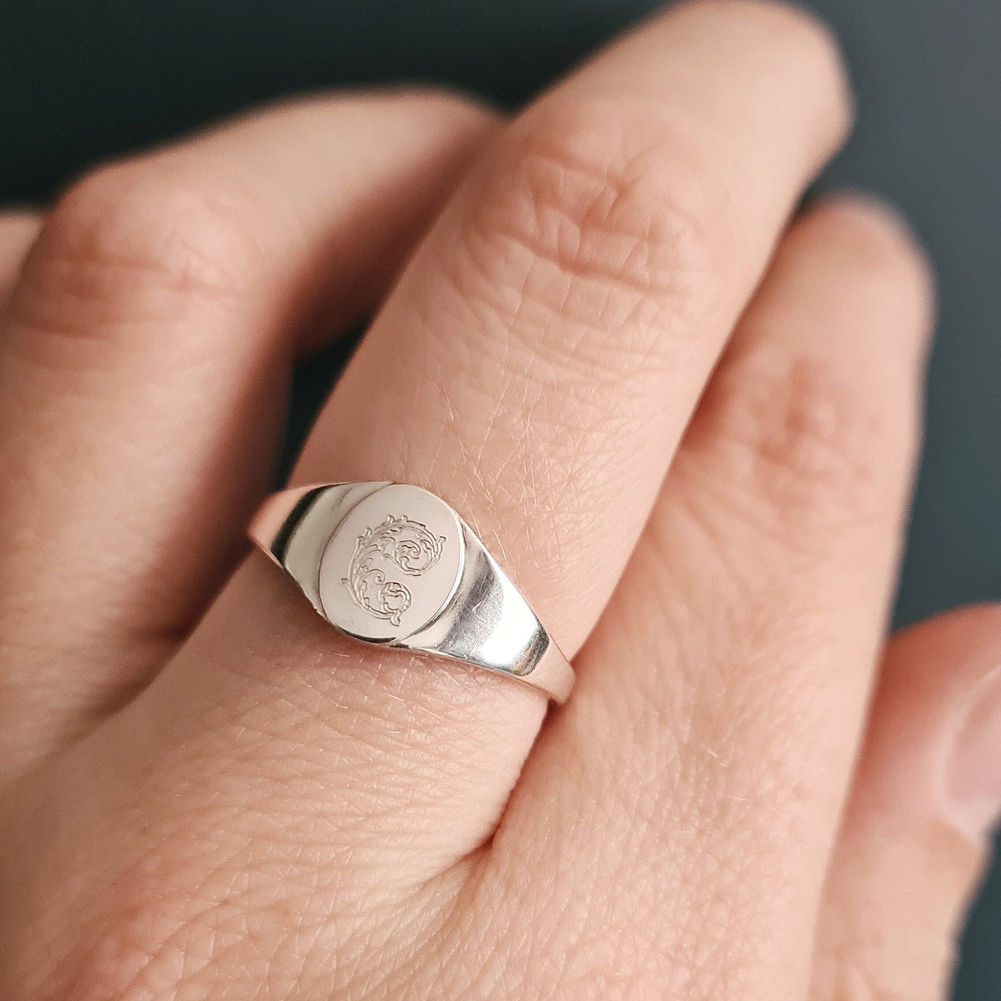 Leafy Oval Signet Sterling Silver Personalised Ring ~ engraved, initials, gift, wedding, name, monogram