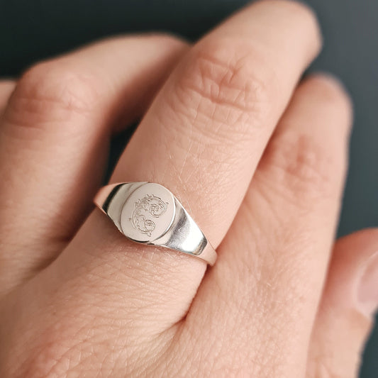 Leafy Oval Signet Sterling Silver Personalised Ring ~ engraved, initials, gift, wedding, name, monogram