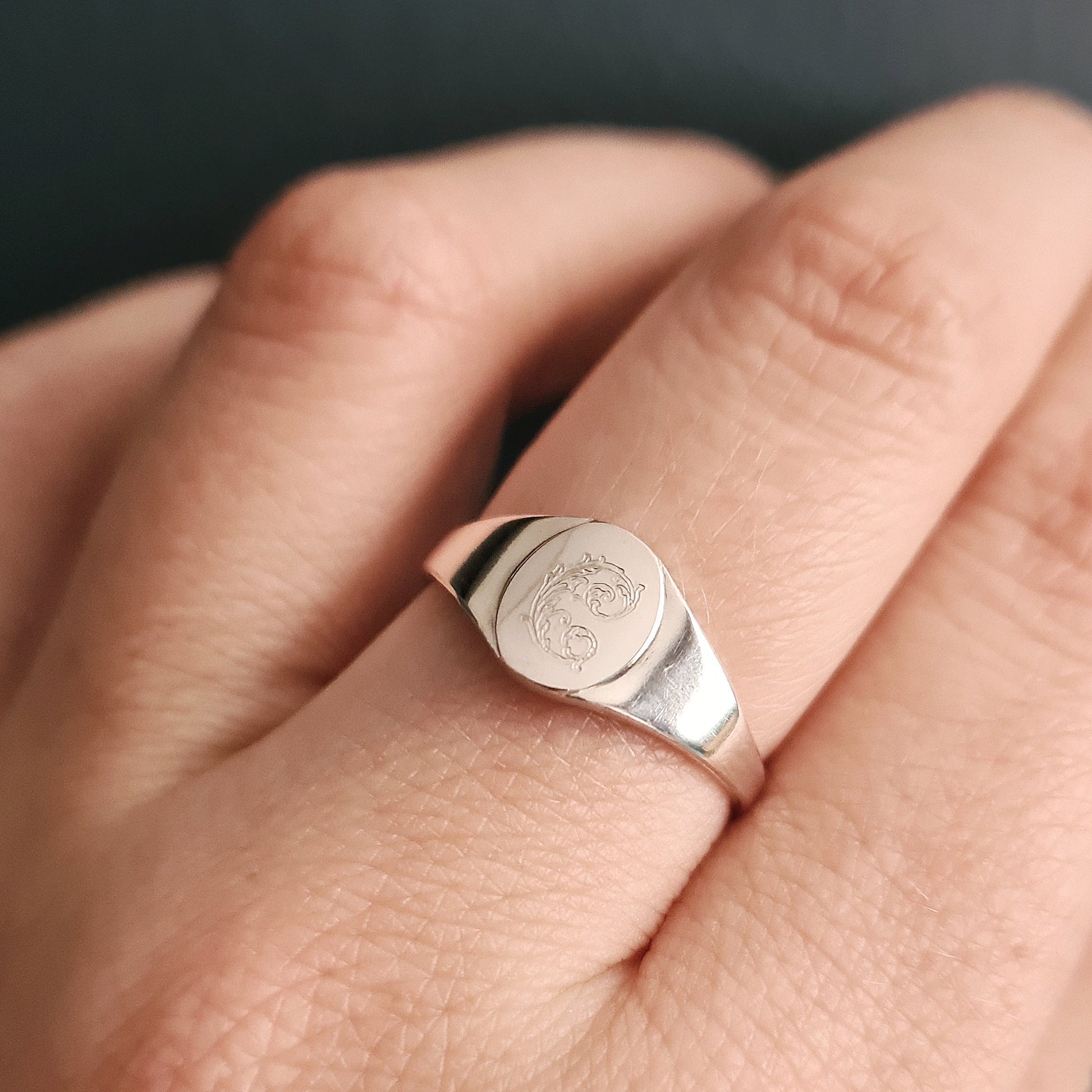 Leafy Oval Signet Sterling Silver Personalised Ring ~ engraved, initials, gift, wedding, name, monogram