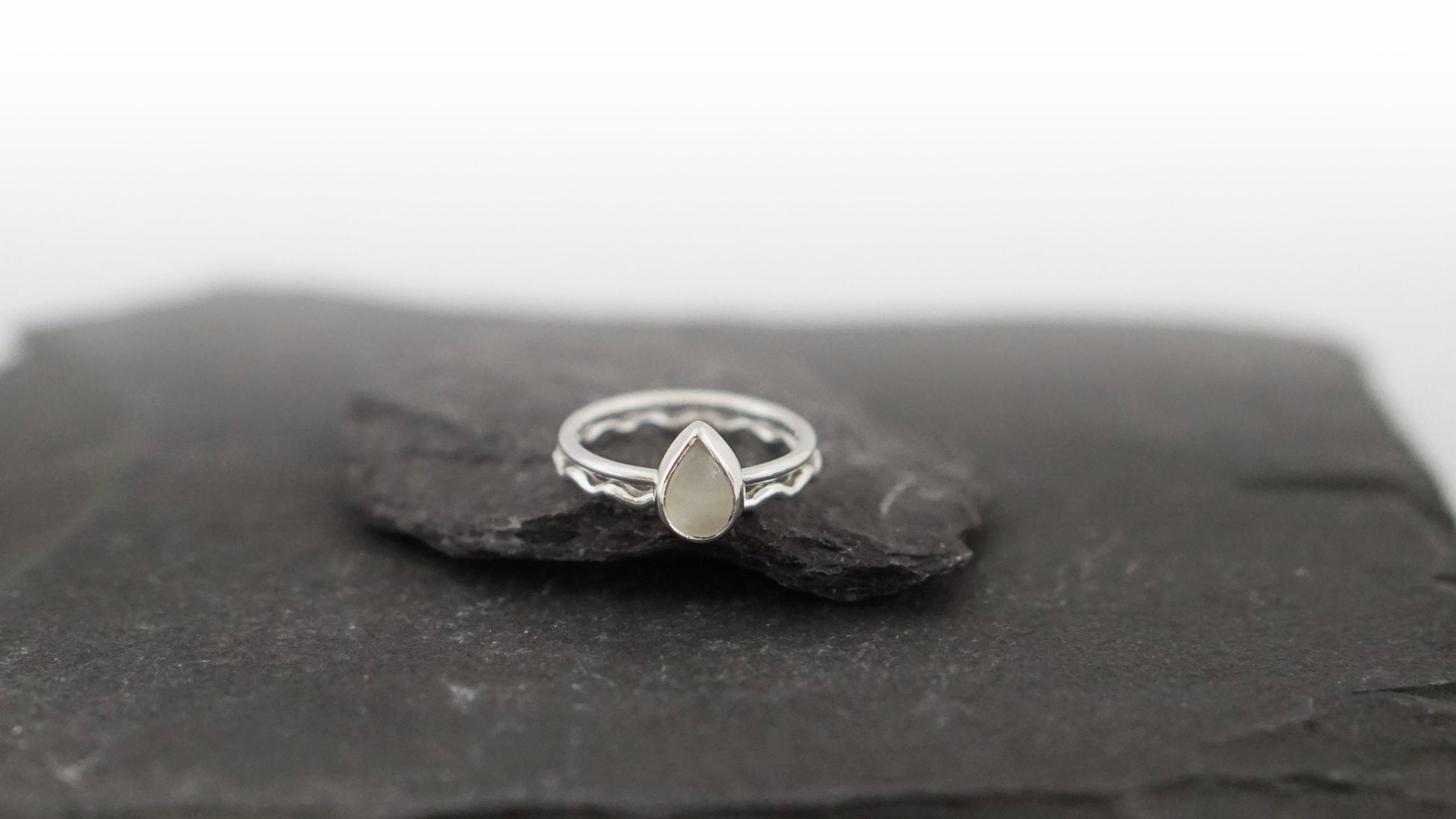 Teardrop Moonstone & Wave Recycled Sterling Silver Stacking Rings