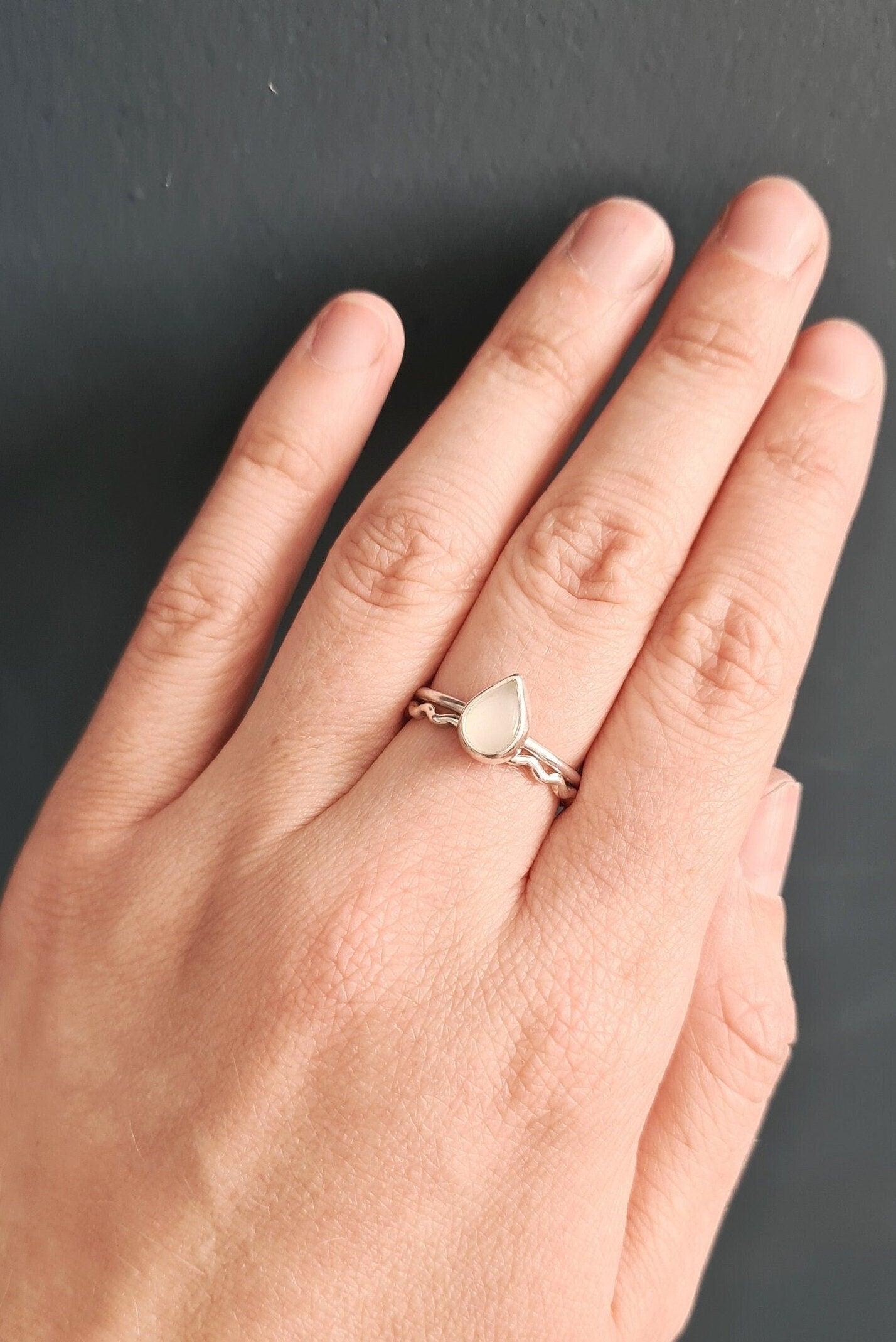 Teardrop Moonstone & Wave Recycled Sterling Silver Stacking Rings