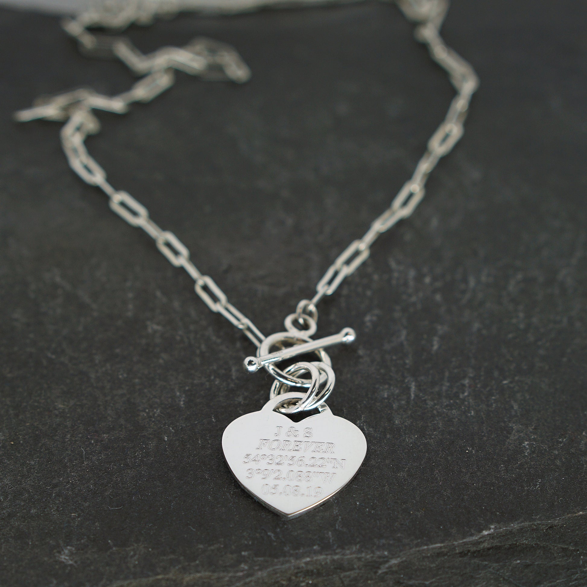 Personalised Heart Lock Sterling Silver Necklace ~ paperclip, cable chain, engraved, birthday, gift for her, co-ordinates, name, wedding