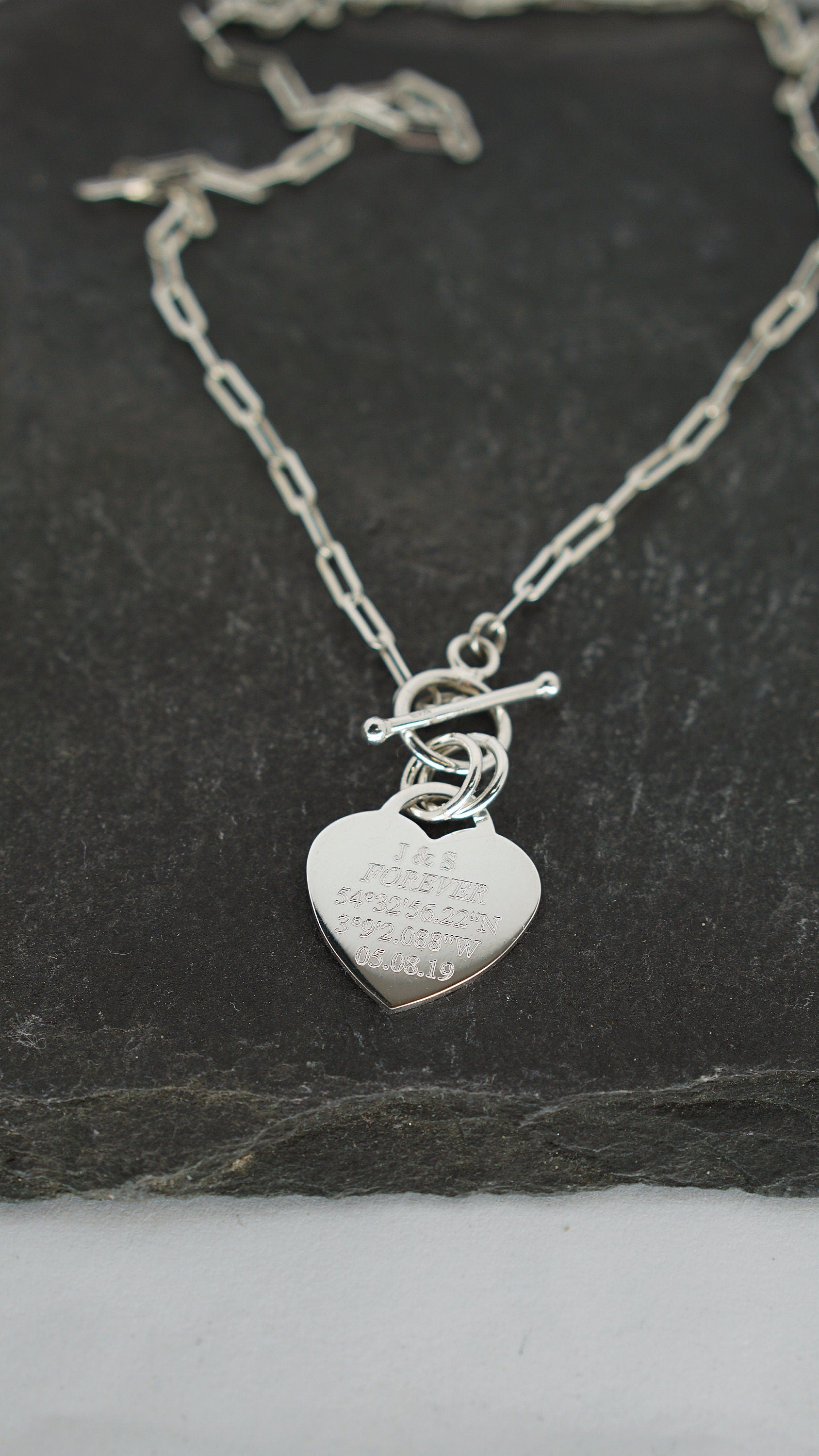 Personalised Heart Lock Sterling Silver Necklace ~ paperclip, cable chain, engraved, birthday, gift for her, co-ordinates, name, wedding