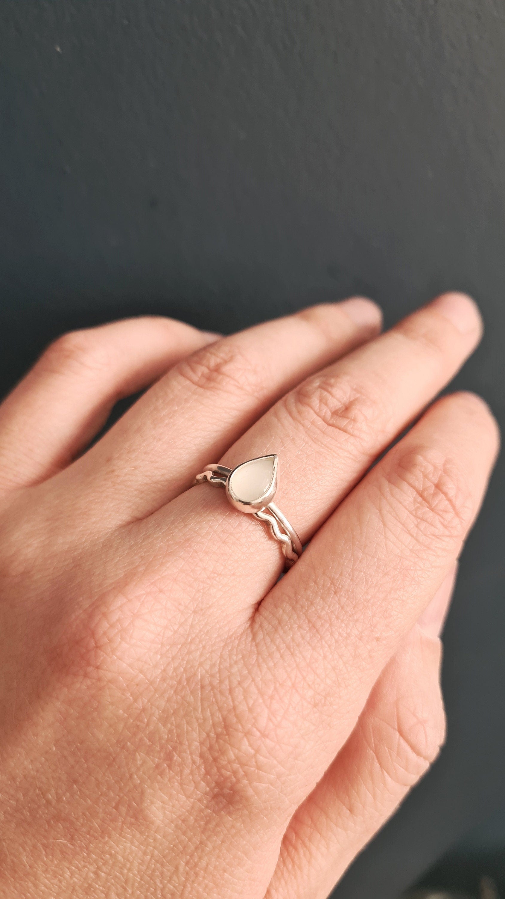 Teardrop Moonstone & Wave Recycled Sterling Silver Stacking Rings