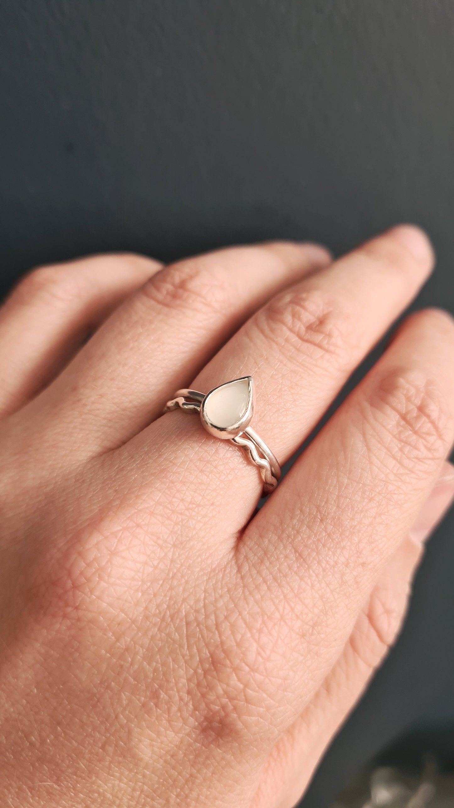 Teardrop Moonstone & Wave Recycled Sterling Silver Stacking Rings