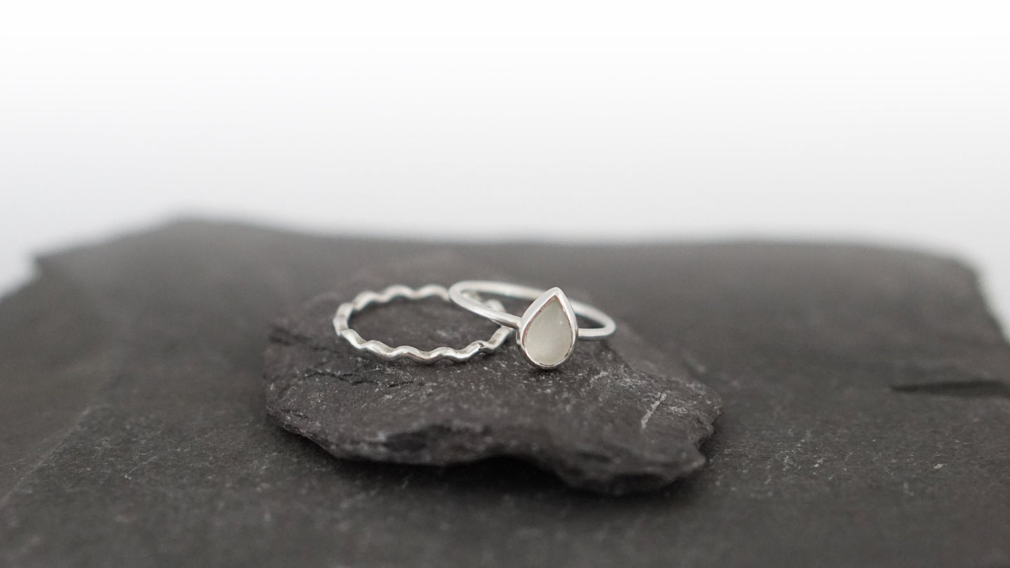 Teardrop Moonstone & Wave Recycled Sterling Silver Stacking Rings
