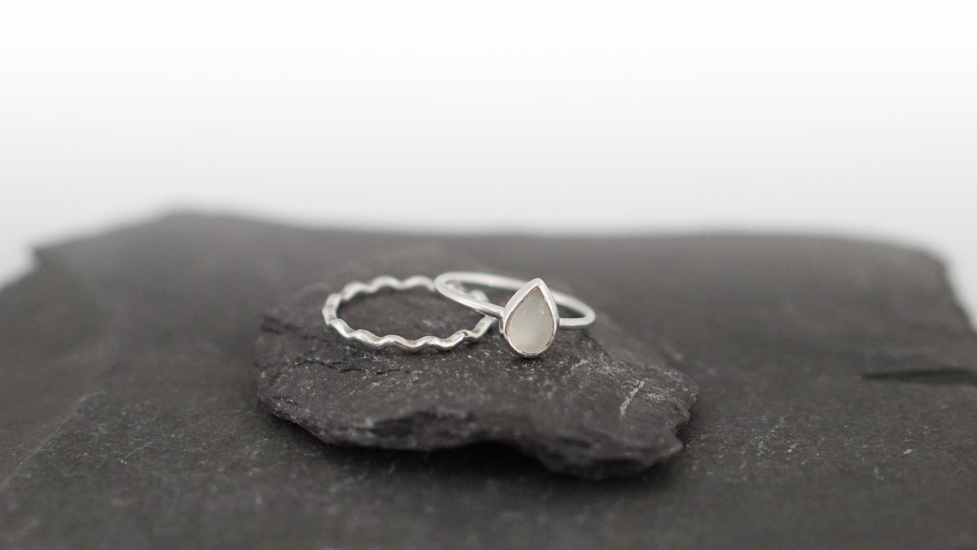 Teardrop Moonstone & Wave Recycled Sterling Silver Stacking Rings