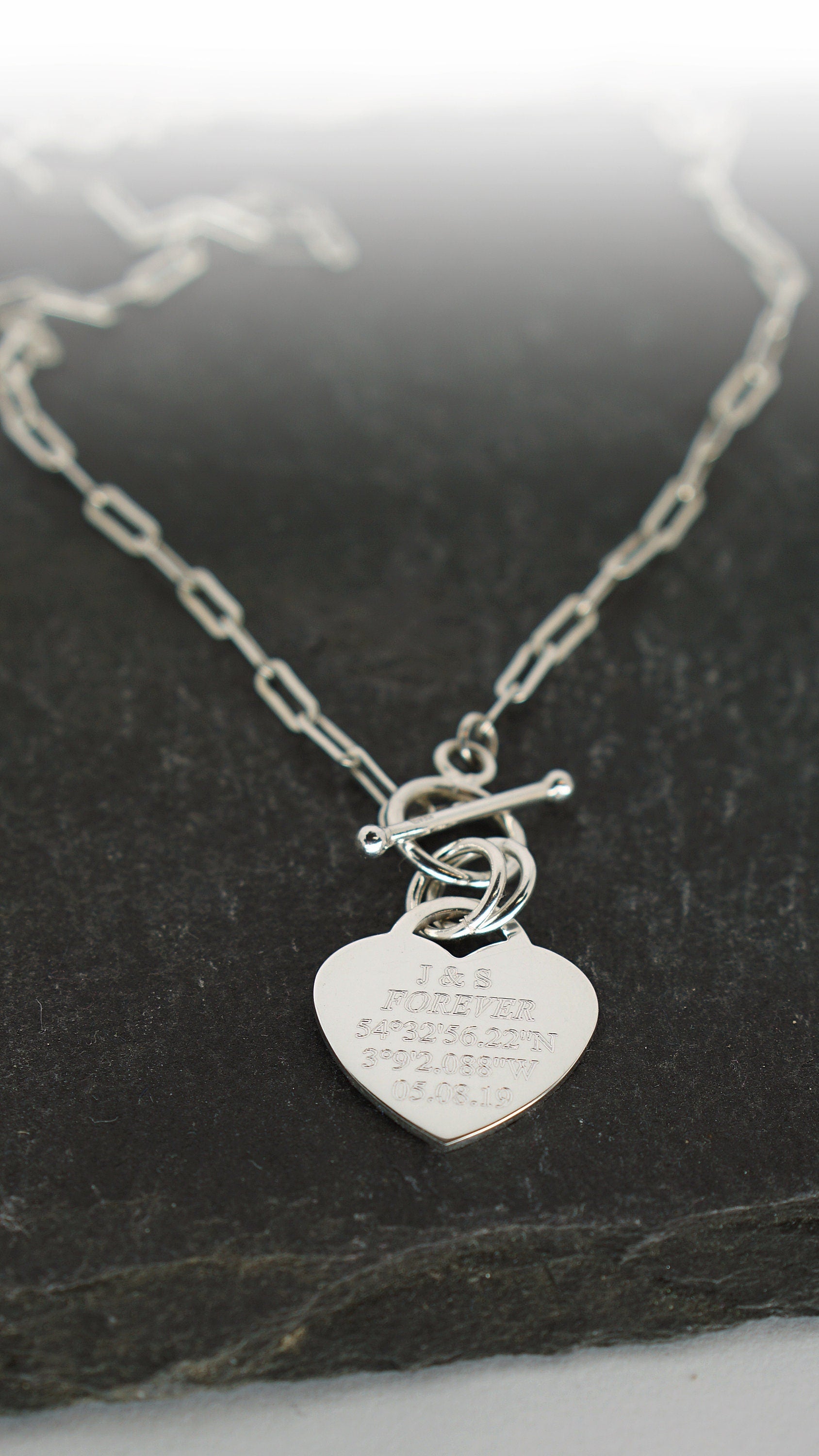 Personalised Heart Lock Sterling Silver Necklace ~ paperclip, cable chain, engraved, birthday, gift for her, co-ordinates, name, wedding