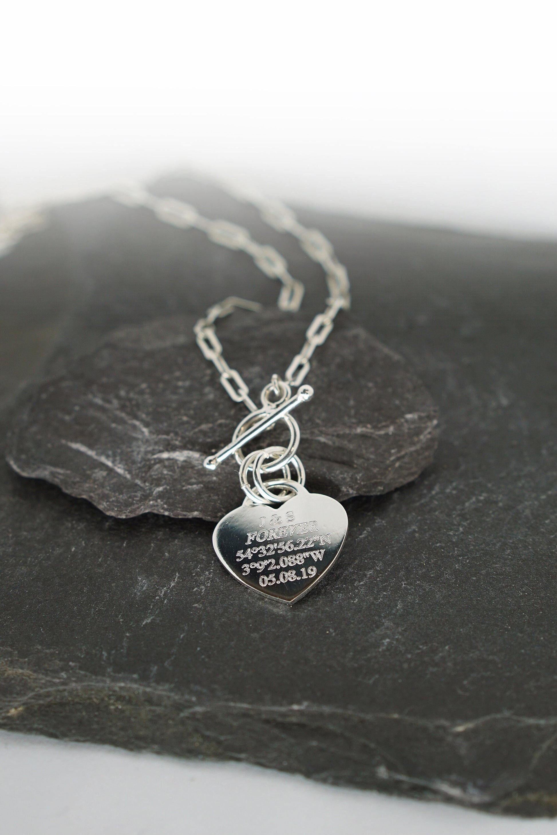 Personalised Heart Lock Sterling Silver Necklace ~ paperclip, cable chain, engraved, birthday, gift for her, co-ordinates, name, wedding