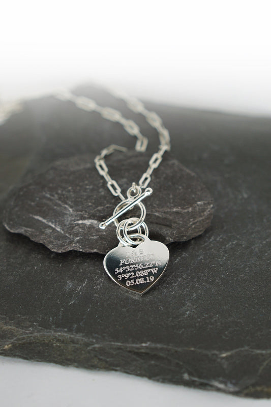 Personalised Heart Lock Sterling Silver Necklace ~ paperclip, cable chain, engraved, birthday, gift for her, co-ordinates, name, wedding