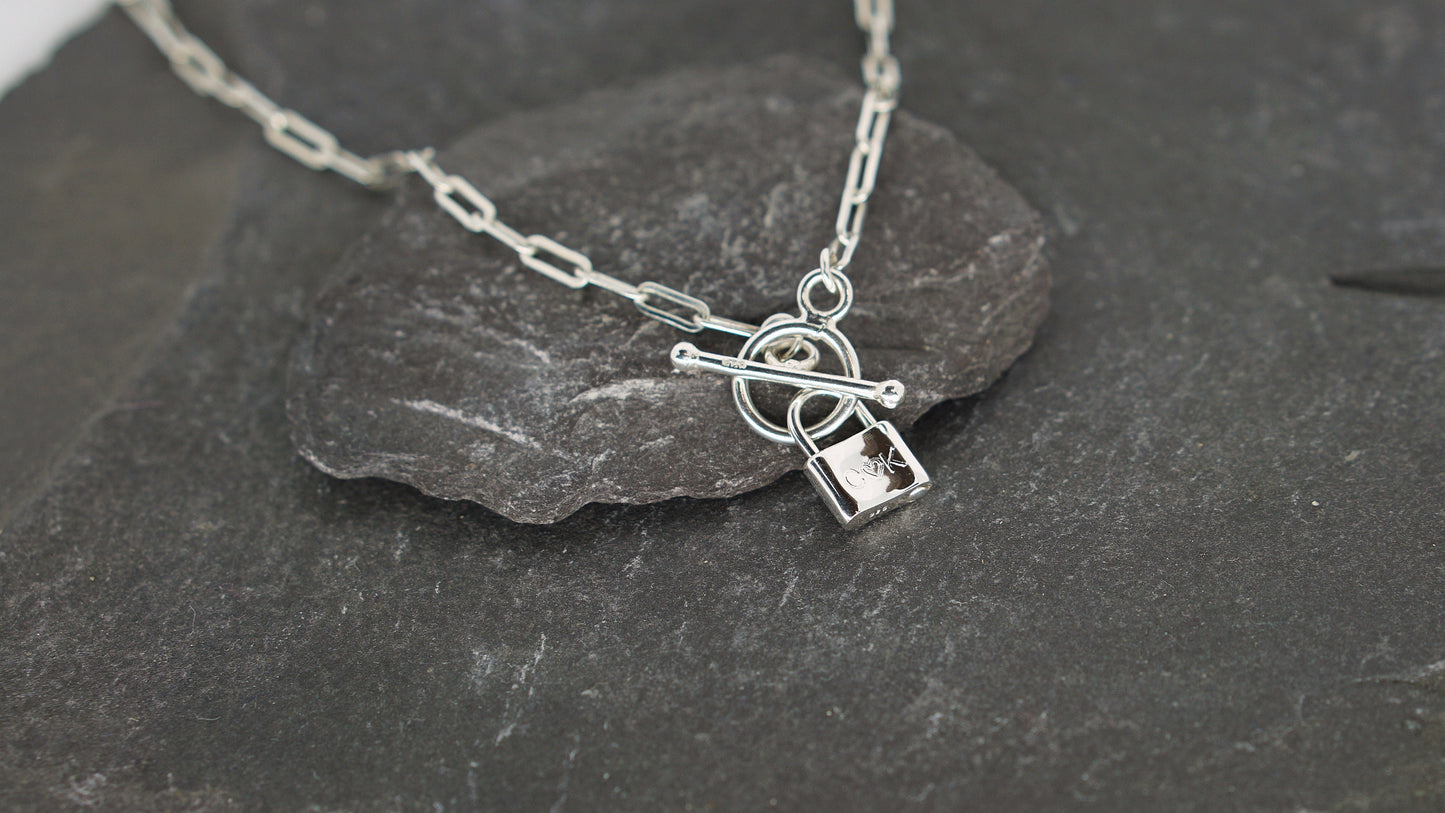 Personalised Love Lock Sterling Silver Necklace ~ paperclip, cable chain, engraved, birthday, gift for her, co-ordinates, name, wedding