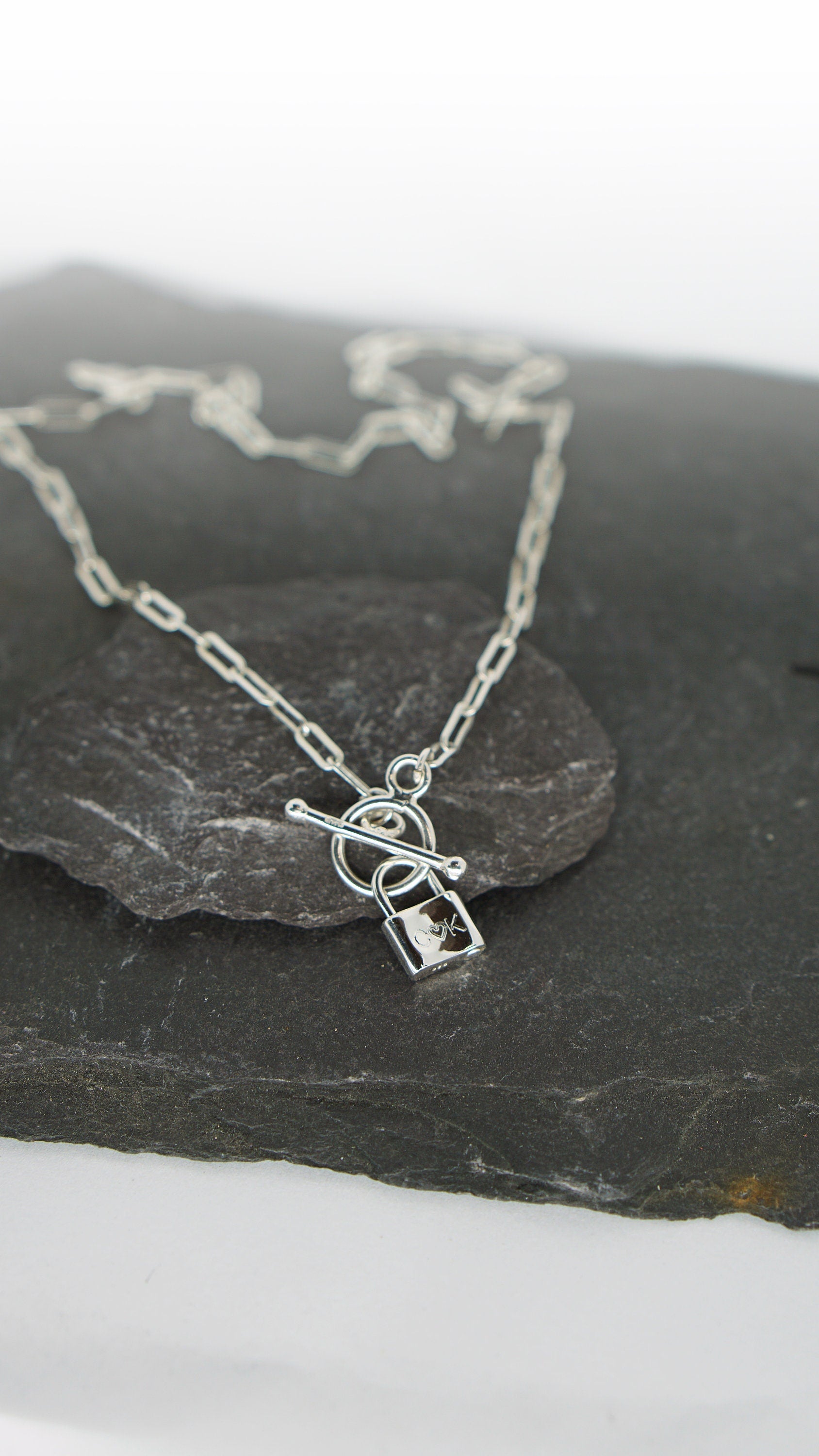 Personalised Love Lock Sterling Silver Necklace ~ paperclip, cable chain, engraved, birthday, gift for her, co-ordinates, name, wedding