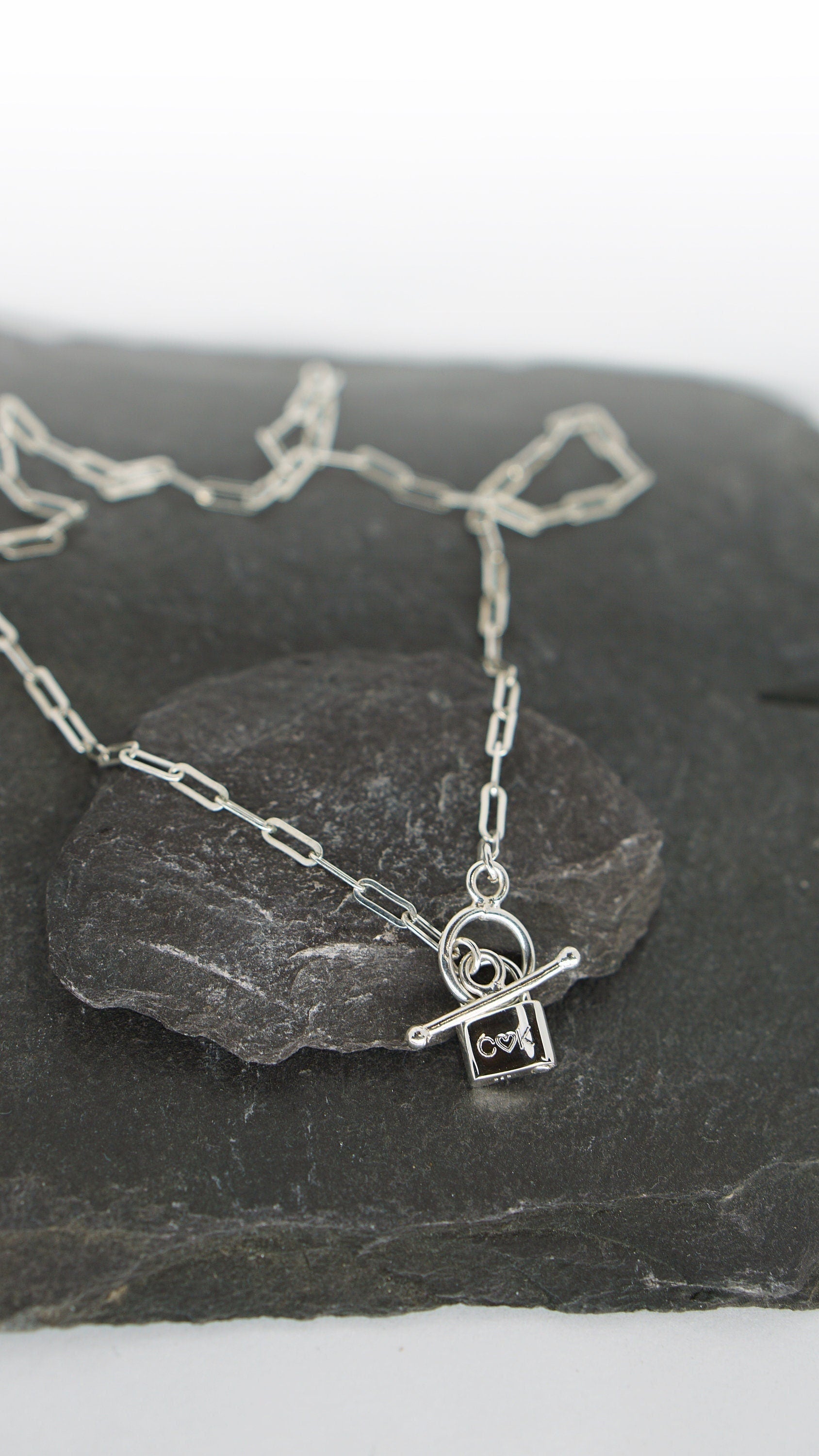 Personalised Love Lock Sterling Silver Necklace ~ paperclip, cable chain, engraved, birthday, gift for her, co-ordinates, name, wedding