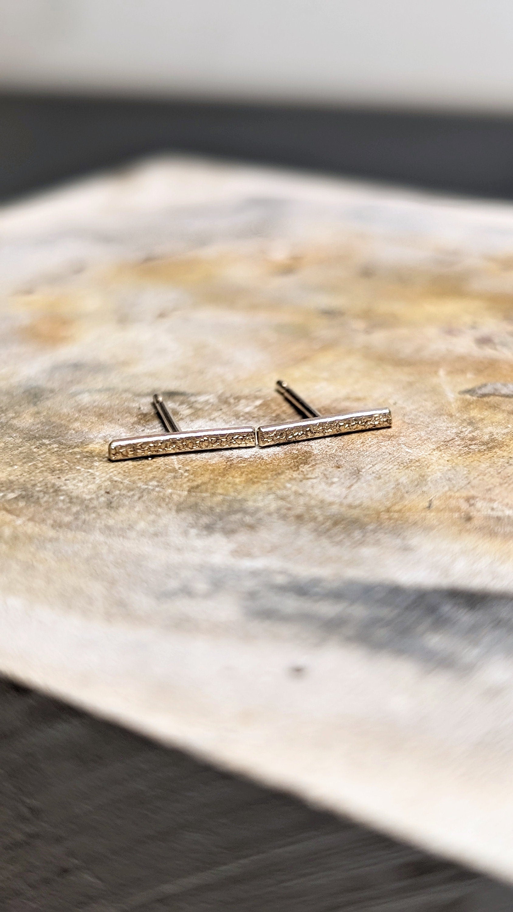 9ct Solid Gold Stardust Bar Earrings ~ studs, modern, minimalist, recycled gold, geometric