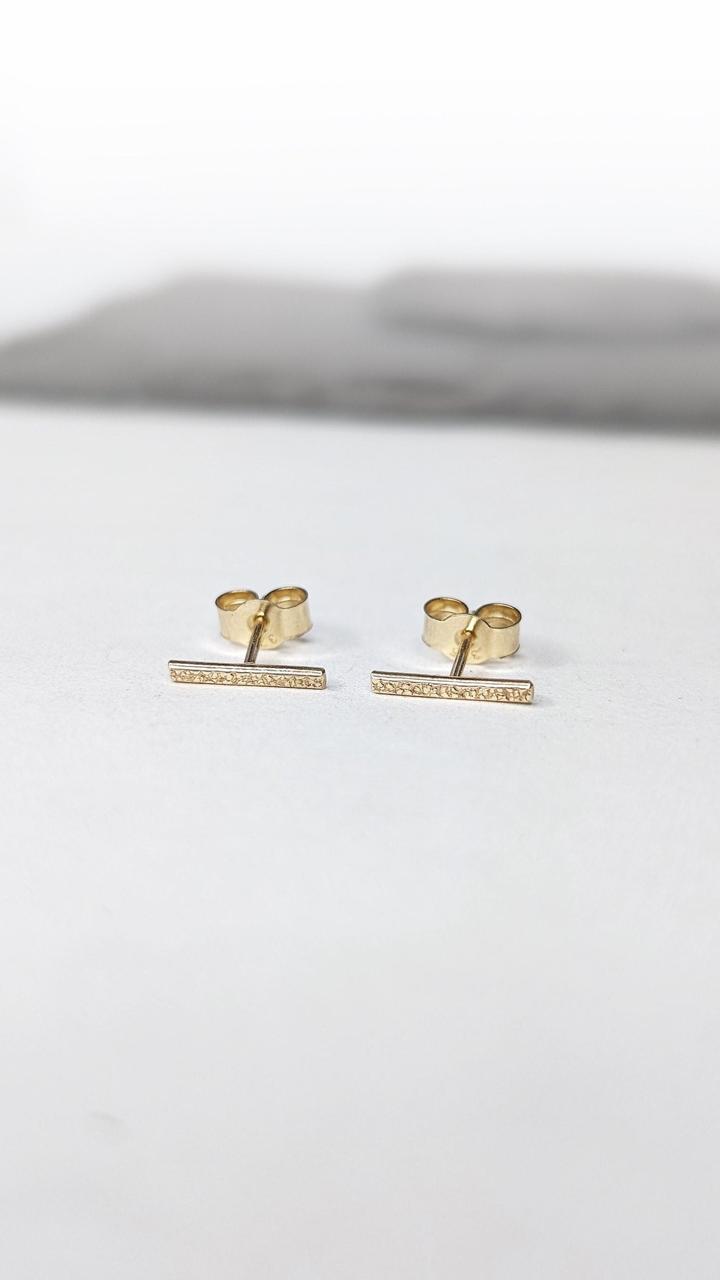 9ct Solid Gold Stardust Bar Earrings ~ studs, modern, minimalist, recycled gold, geometric