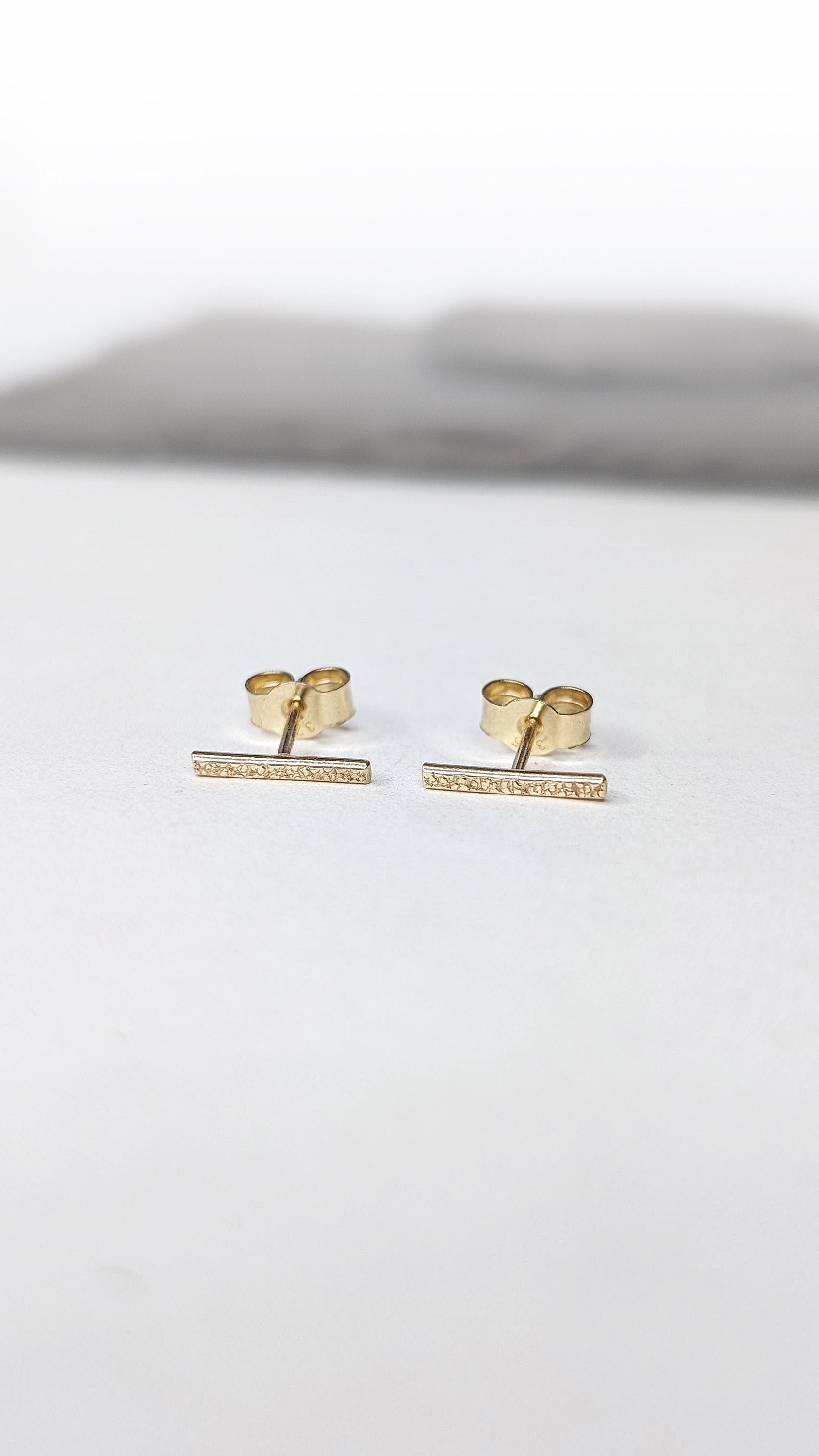 9ct Solid Gold Stardust Bar Earrings ~ studs, modern, minimalist, recycled gold, geometric
