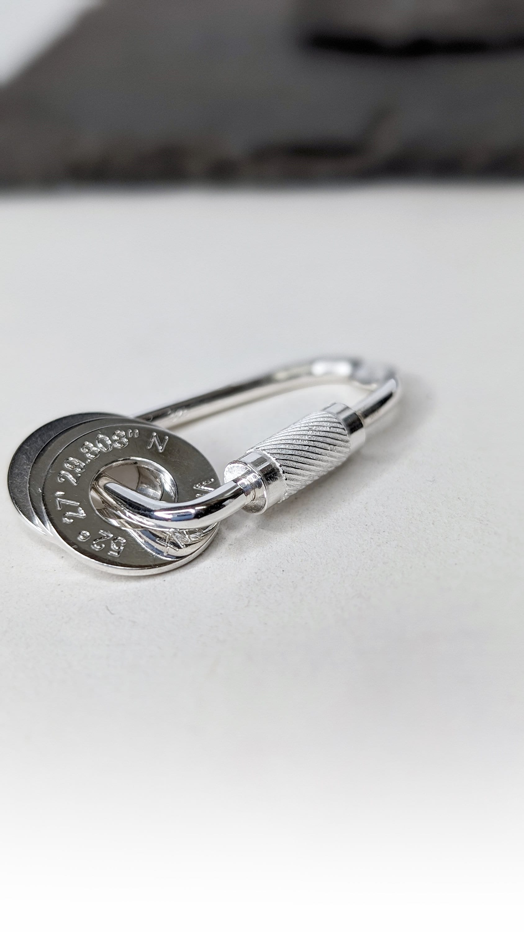 Carabiner Engraved Personalised Washers Sterling Silver Keyring ~ engraved, co-ordinates, name, travel gift, birthday, adventure
