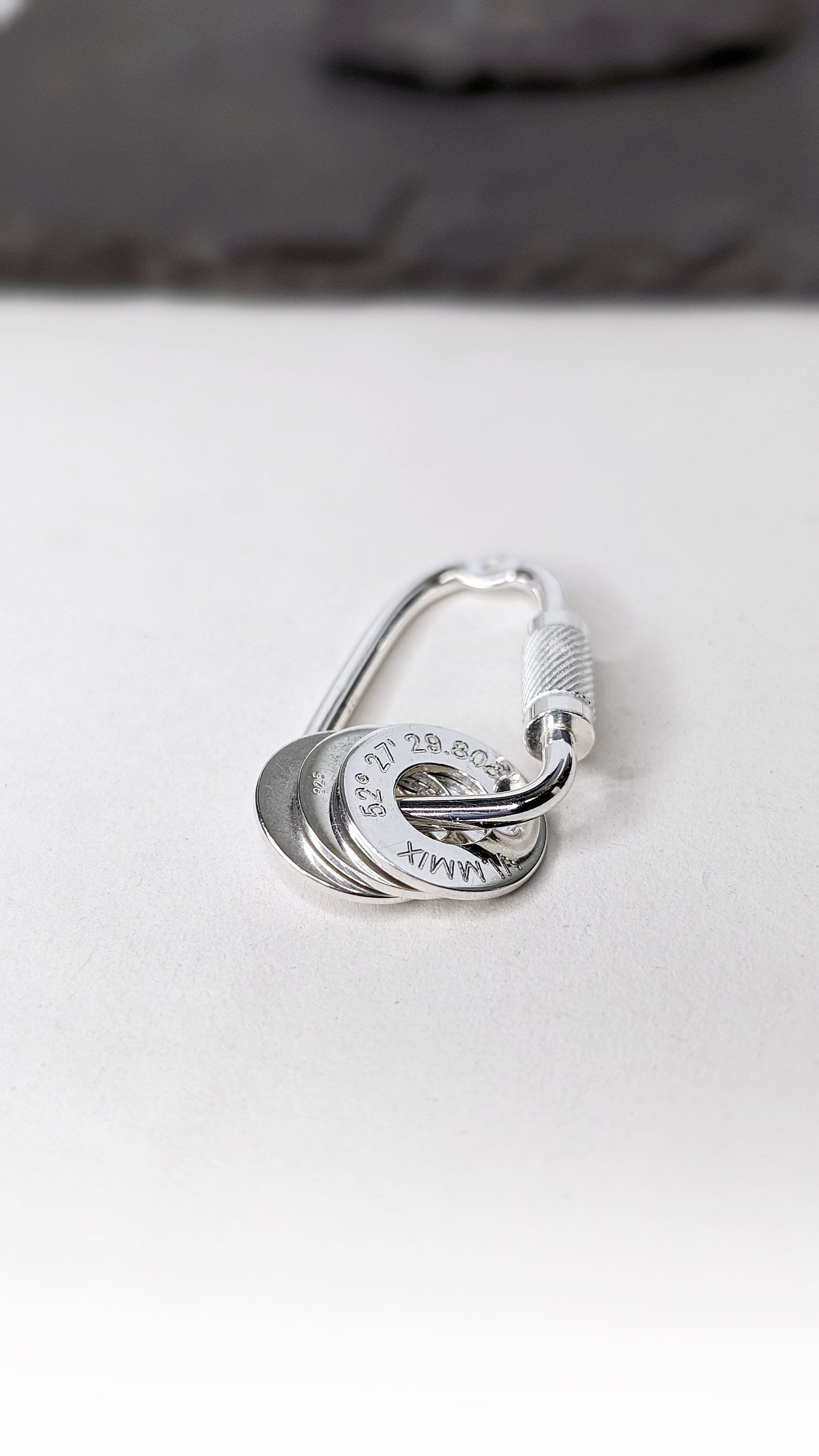 Carabiner Engraved Personalised Washers Sterling Silver Keyring ~ engraved, co-ordinates, name, travel gift, birthday, adventure