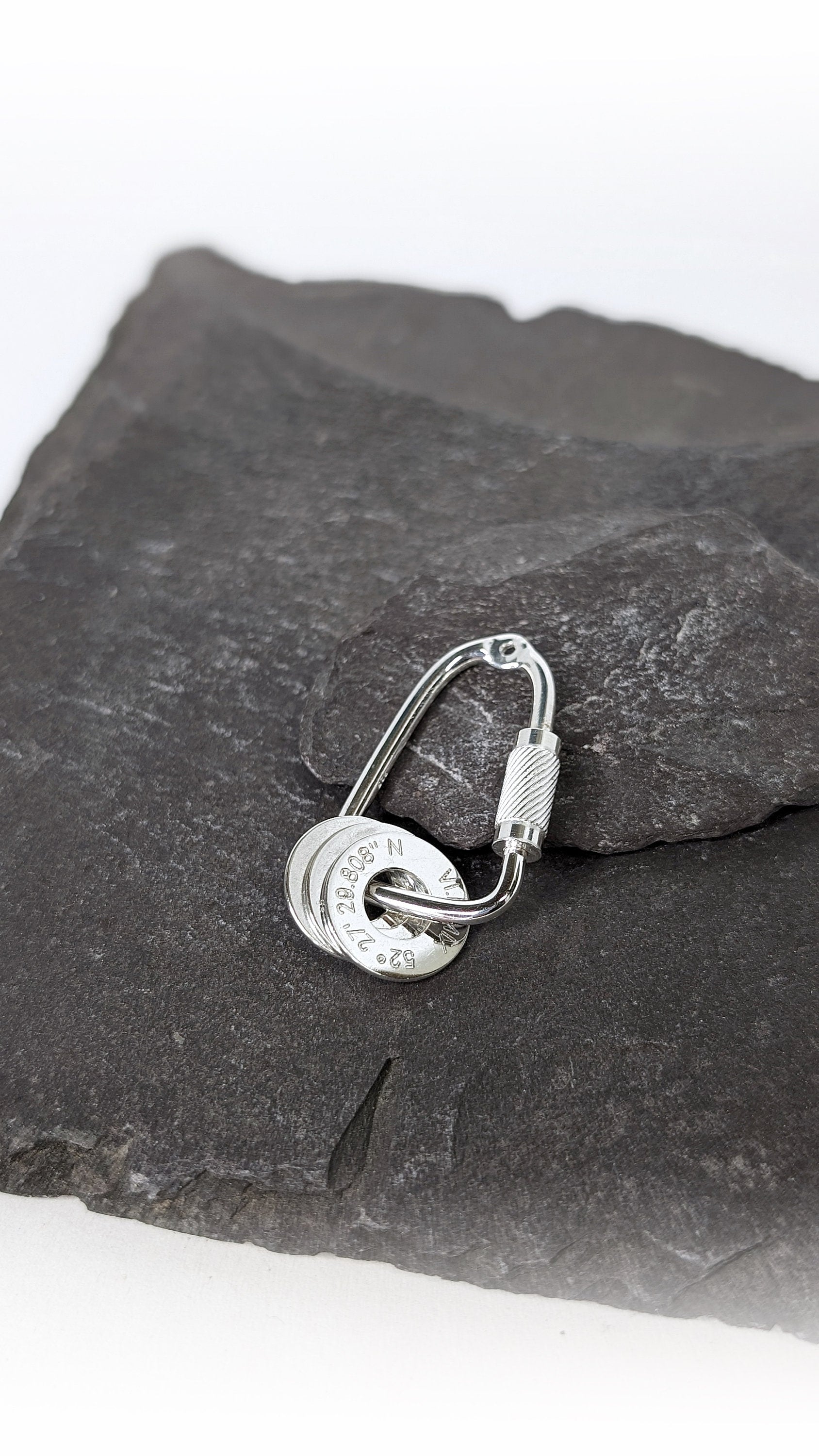 Carabiner Engraved Personalised Washers Sterling Silver Keyring ~ engraved, co-ordinates, name, travel gift, birthday, adventure