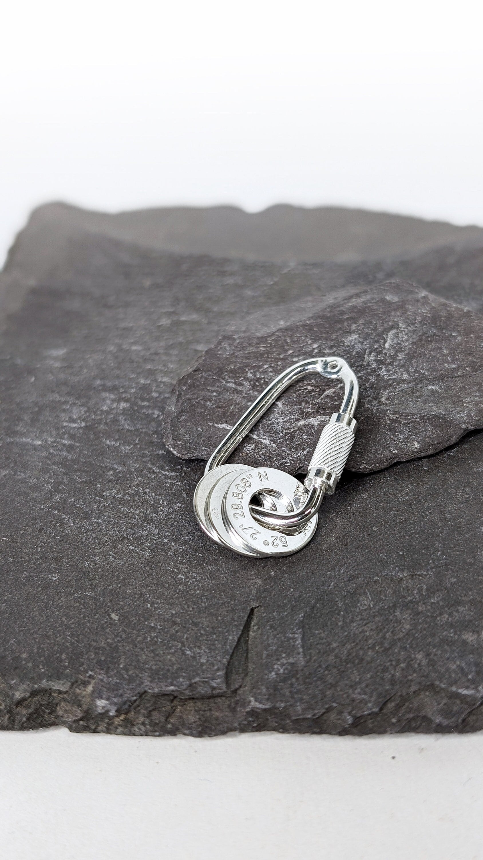 Carabiner Engraved Personalised Washers Sterling Silver Keyring ~ engraved, co-ordinates, name, travel gift, birthday, adventure