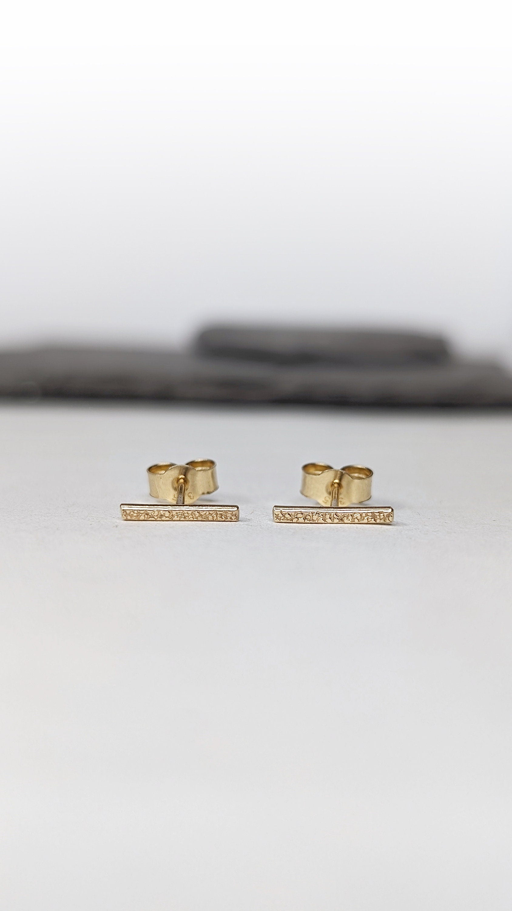 9ct Solid Gold Stardust Bar Earrings ~ studs, modern, minimalist, recycled gold, geometric