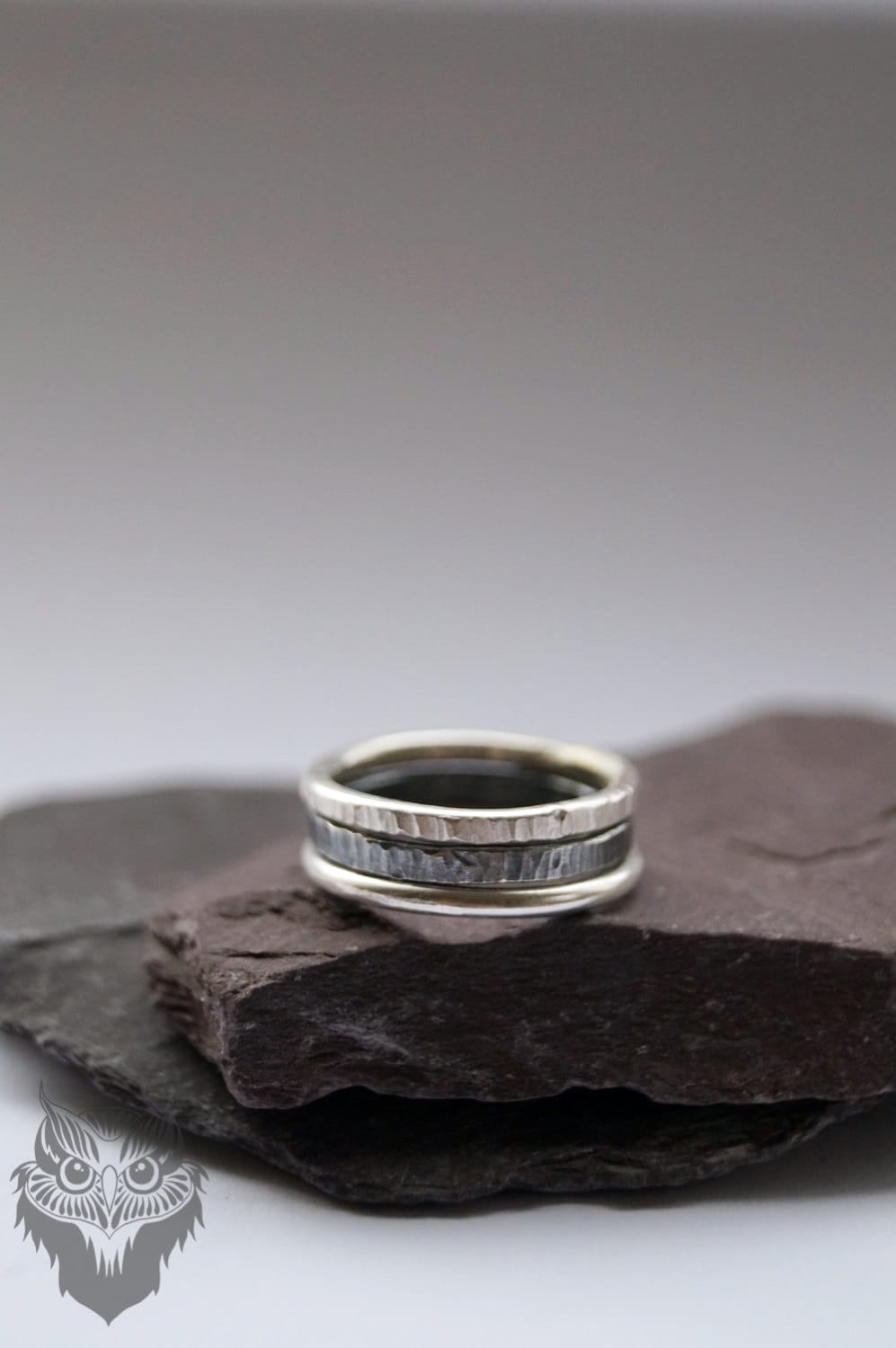 Recycled Sterling Silver Power Of Three Stacking Rings - hammered, bands, oxidised, stackable, minmal