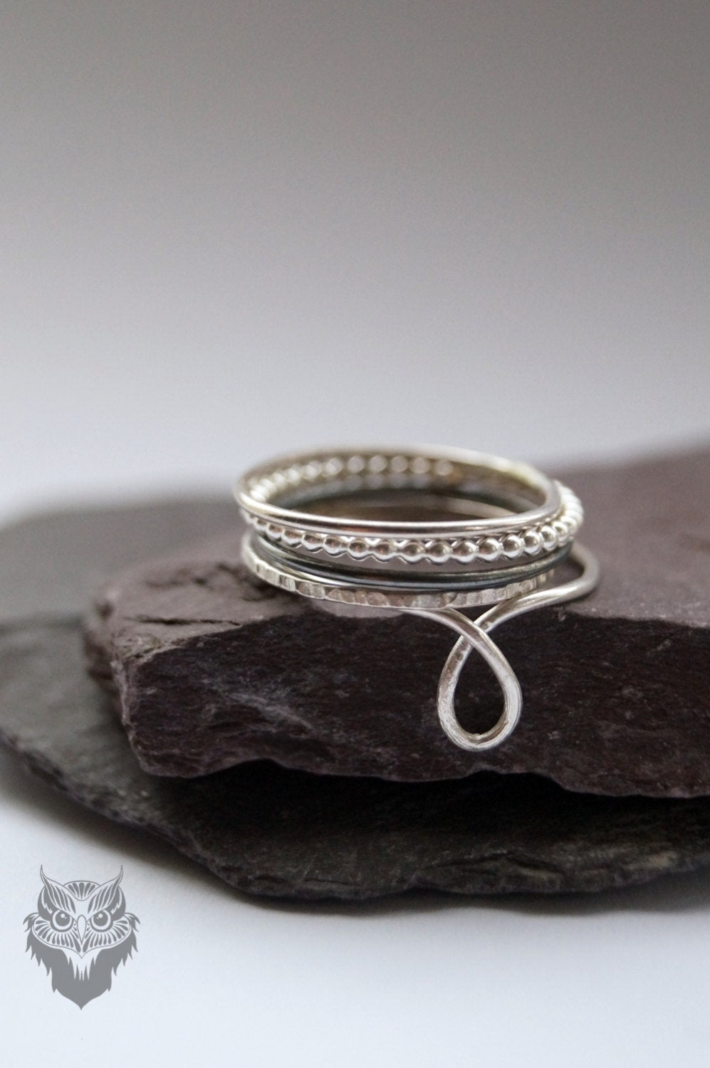Five Skinny Recycled Sterling Silver Stacking Rings - hammered, silver bands, oxidised, stackable, looped, textured, thin bands