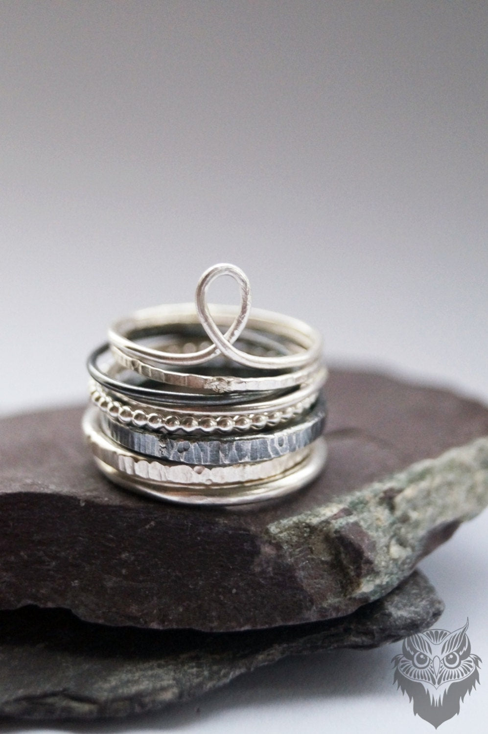 Tower Of Recycled Sterling Silver Stacking Rings - hammered, silver bands, oxidised, stackable, textured, recycled