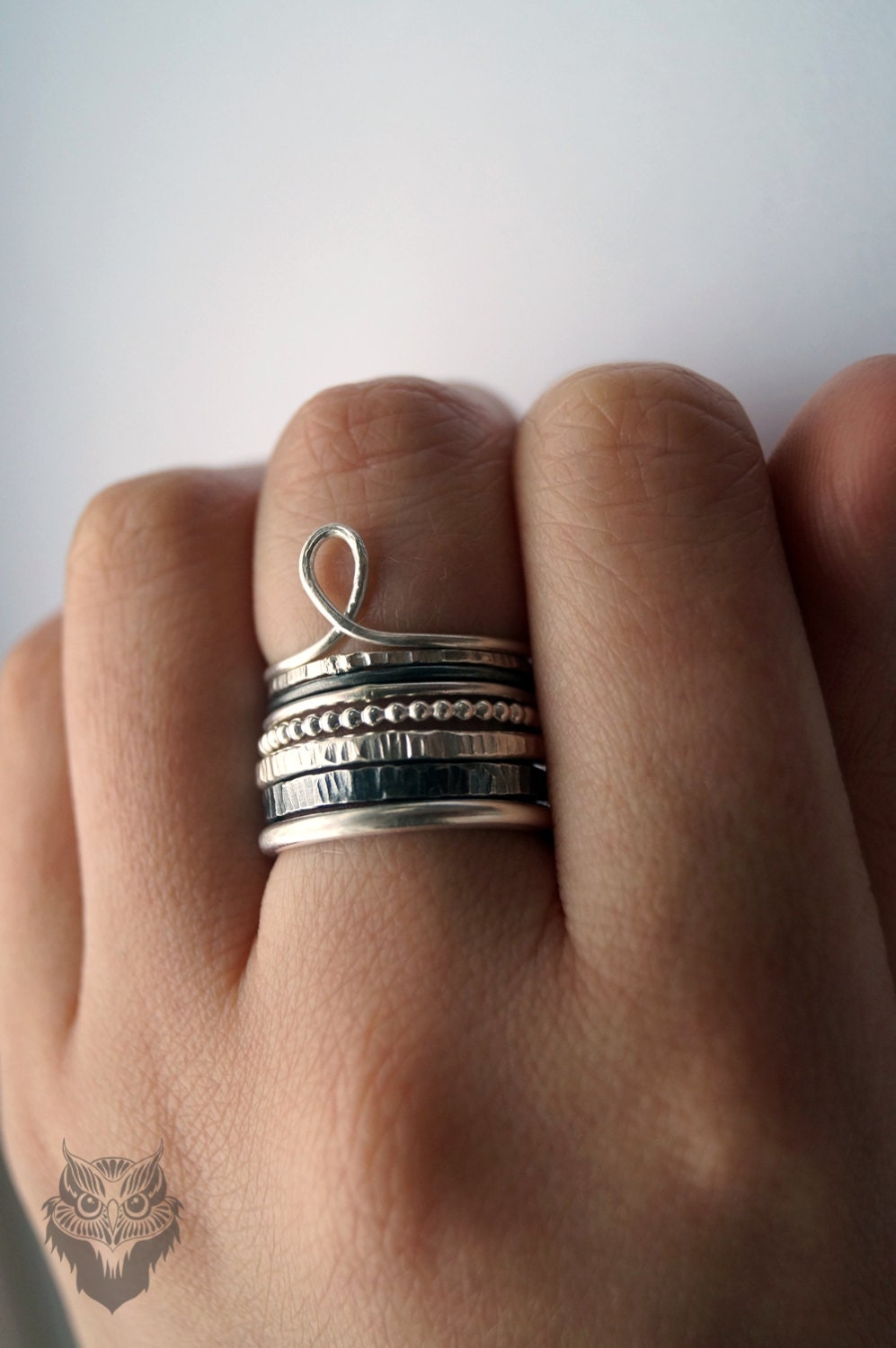 Tower Of Recycled Sterling Silver Stacking Rings - hammered, silver bands, oxidised, stackable, textured, recycled