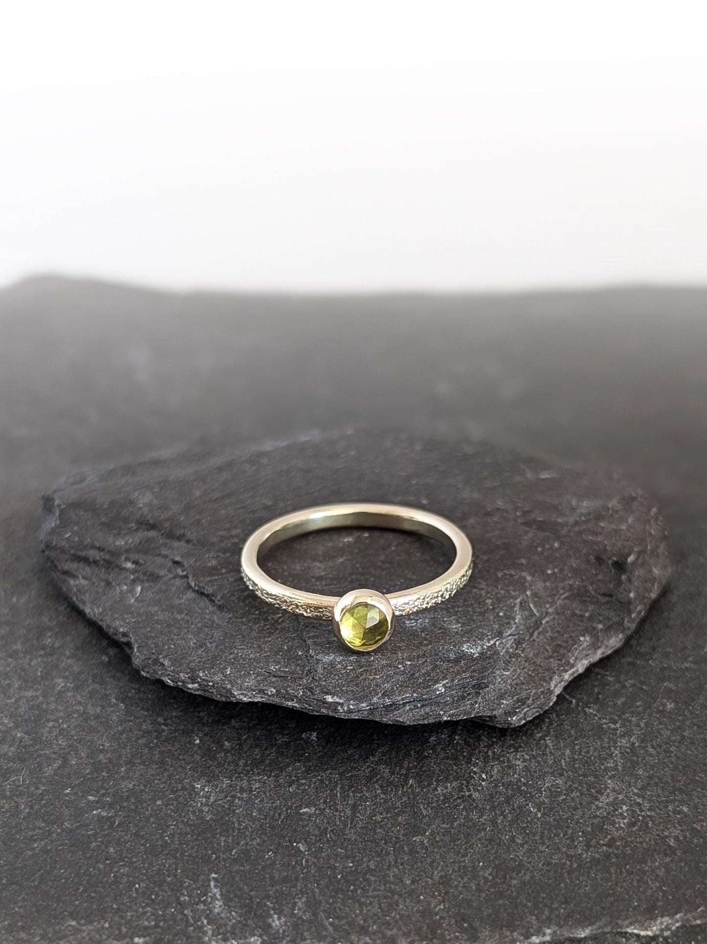 Solid Stardust Gemstone 9ct Recycled Gold Band Ring ~ stacking ring, textured, stackable, gold, wedding, engagement, peridot