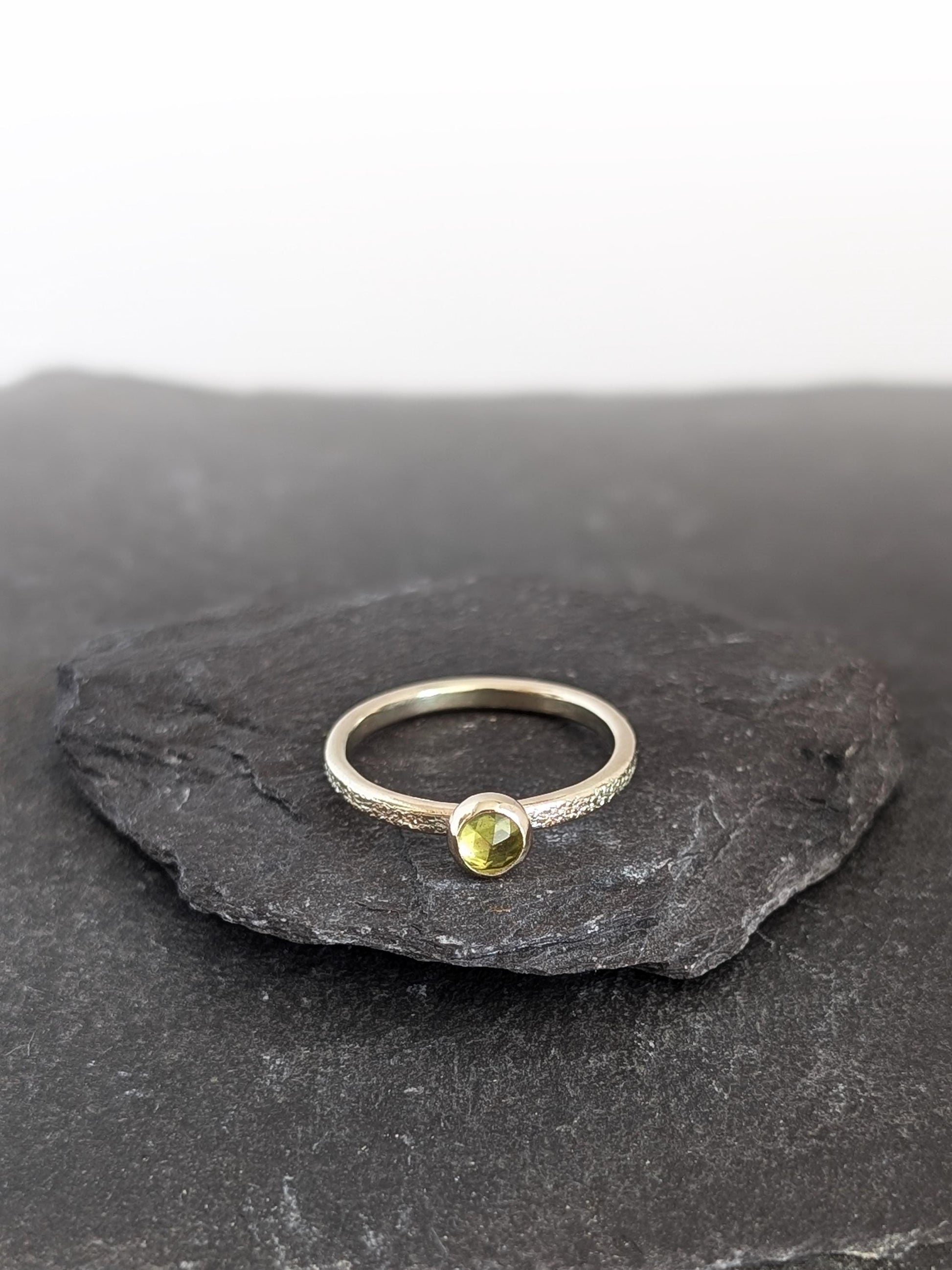 Solid Stardust Gemstone 9ct Recycled Gold Band Ring ~ stacking ring, textured, stackable, gold, wedding, engagement, peridot